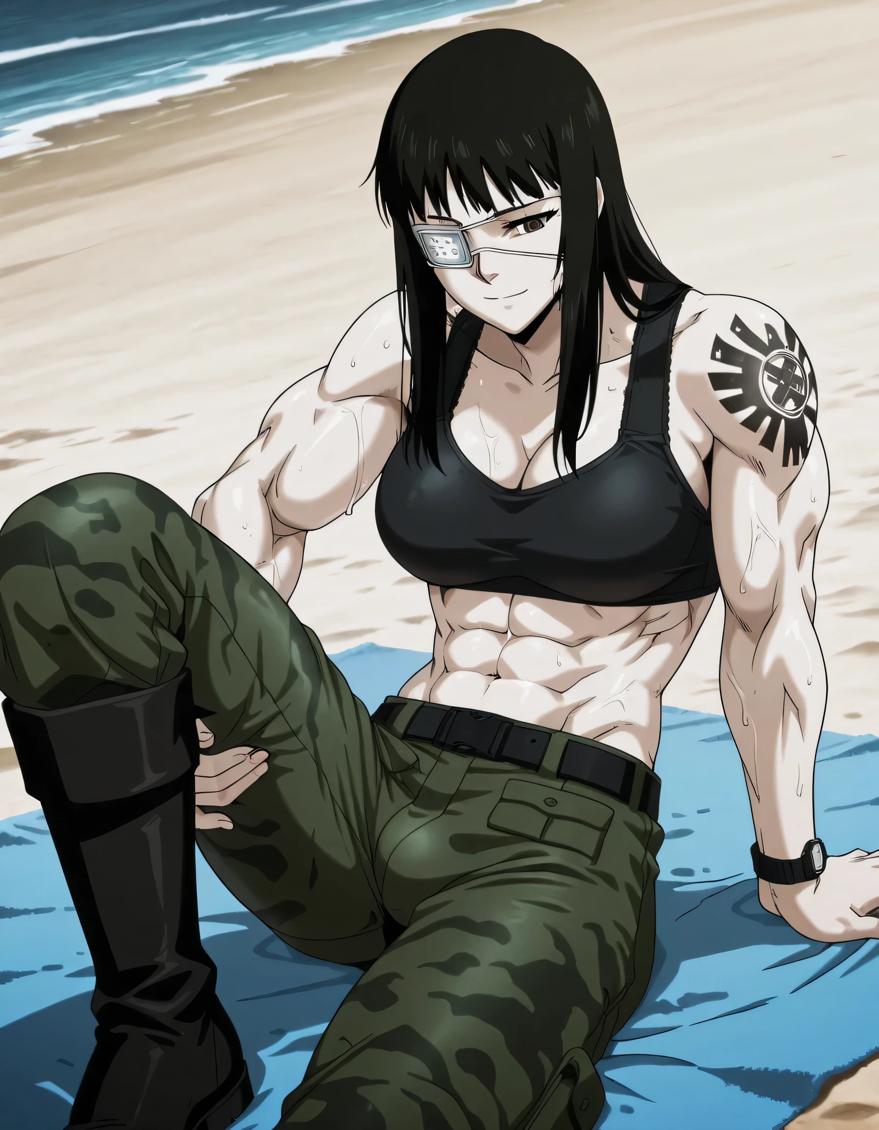 1girl,solo,mm,mature female,black hair,eyepatch,brown eyes,medium breasts,anime coloring,long hair, muscular,black tight sport bra and green Camouflage trousers with black belt,cowboy shot, , wet,beach, tattoo, ,masterpiece,best quality,amazing quality,,muscles and,muscles lines,muscles big size,pelvis muscles,strength muscles looking,dynamic air,Valmet handsome face,Shining abs and shoulders,eight-pack,iron muscles,Bulge between legs indicates non erect penis in trousers, sporting attractiveness sexual attractiveness,sitting ,choza sitting ,sexual muscles,light smile,leg laying,hand in own leg, Valmet tall body,towel around her neck,,ring wearing,wearing military black tall boots,one hand wearing wristwatch,