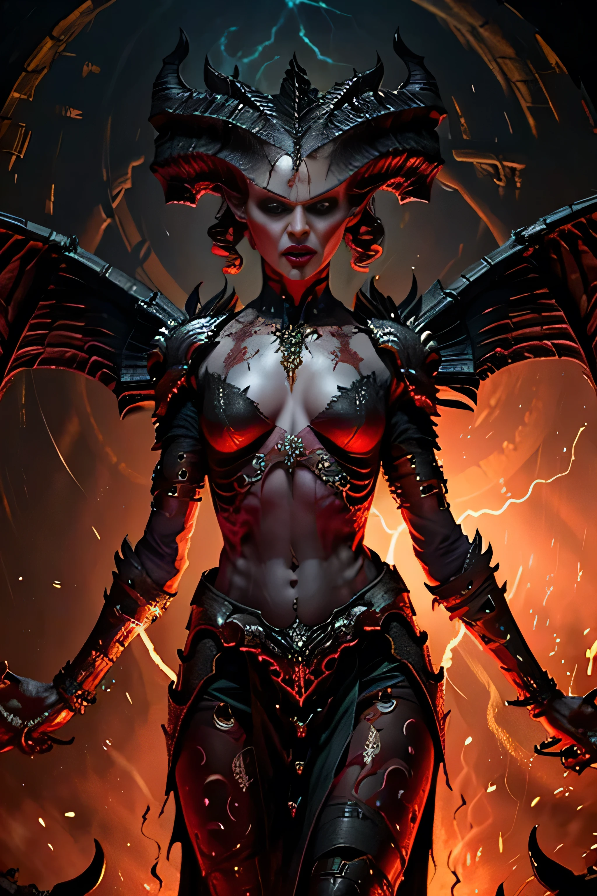 Lilith inside a church, fire, lightning, blood, full body, in the style of D14bl0