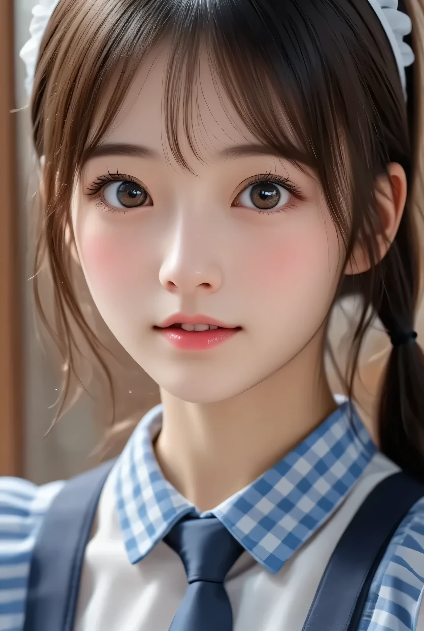 (beautiful knee high socks :1.5), full body shot,(super cute young face:1.3),(sparkling clear attractive large glowing eyes:1.3), (japanese idol face:1.5),very beautiful cute girl,(:1.4),cheerful happy smile,exquisite smooth and silky long brown straight hair,fair skin,(happy cheerful smile),professional photogragh, (blue gingham maid costume:1.3),happy cheerful smile,very thin natural makeup