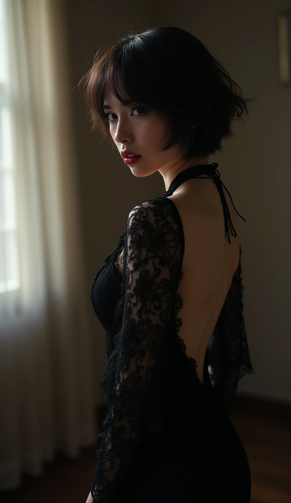 A goth kid with gray skin and thick thighs showing her butt in tight panties