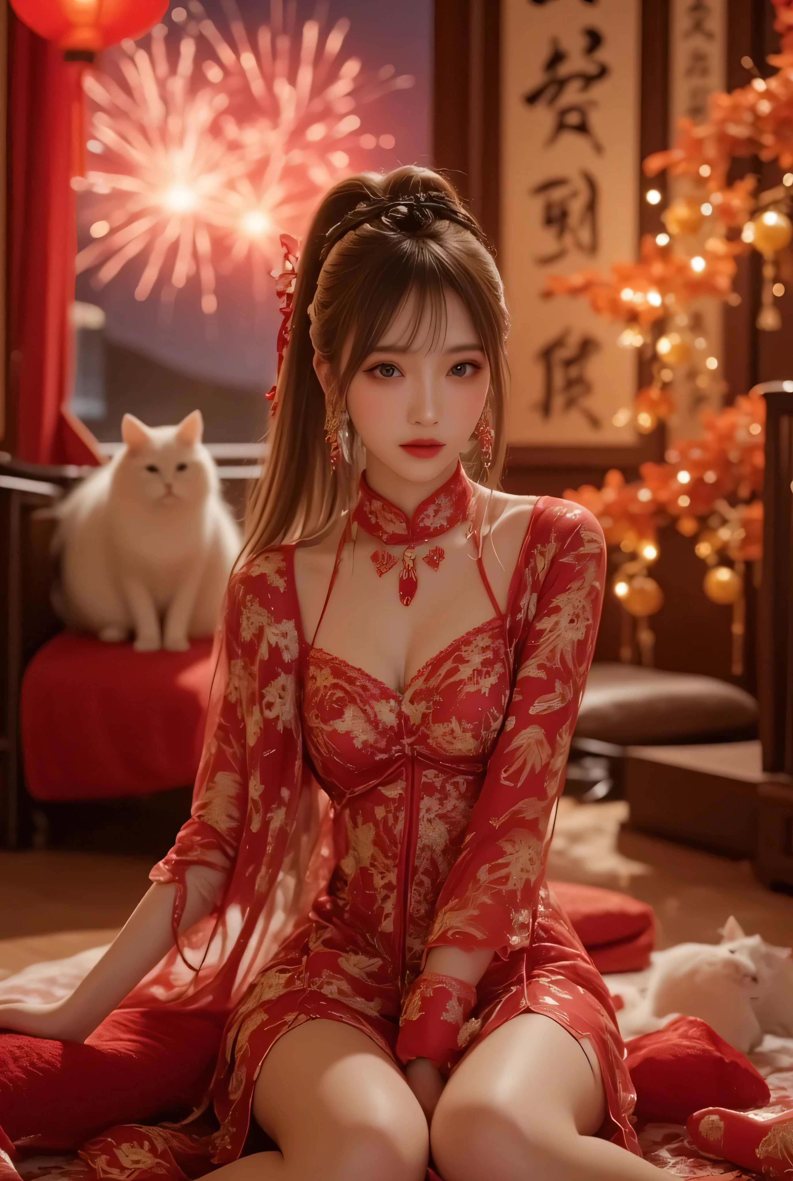Cat ears、 face up, attractive, pretty girl, ponytail、 (( fine facial features , eroticism)), dramatic lighting , realistic , 8k, Dramatic Shadows , intricate and elaborate patterns , super detailed photo , chiaroscuro lighting , Pleasant colors , deep contrast , super real 、 pink lipstick、 warm room、Vintage Fireplace 、 cinematic composition、Close-up of face, pretty half part transparent open shoulder loose outfits dress, tang style, A beautiful Korean idol wearing a one piece red- black tightly cheongsam with phoenix and intricate floral golden embroidery, golden and silver outline on dress, hand hold pink feathers transparent Chinese fan with golden ink painting of bird and tree , standing gracefully in a room filled with traditional Chinese New Year decorations. The room features vibrant red lanterns, decorative calligraphy scrolls, a small Chinese orange tree with golden ornaments, and several red envelopes scattered across the floor and hanging from the tree. Adorable, playful cats are part of the scene—some sitting near the tree, others curiously pawing at the red envelopes or lounging around. Through a window or an open door in the background, vibrant Chinese fireworks light up the night sky in an array of reds, golds, and blues, casting a magical glow into the room. The idol’s outfit is paired with subtle accessories like red hairpins or earrings, complementing the festive look. The atmosphere is warm and lively, filled with the joyful essence of the celebration, enhanced by the shimmering lights of the fireworks and the lively decor.