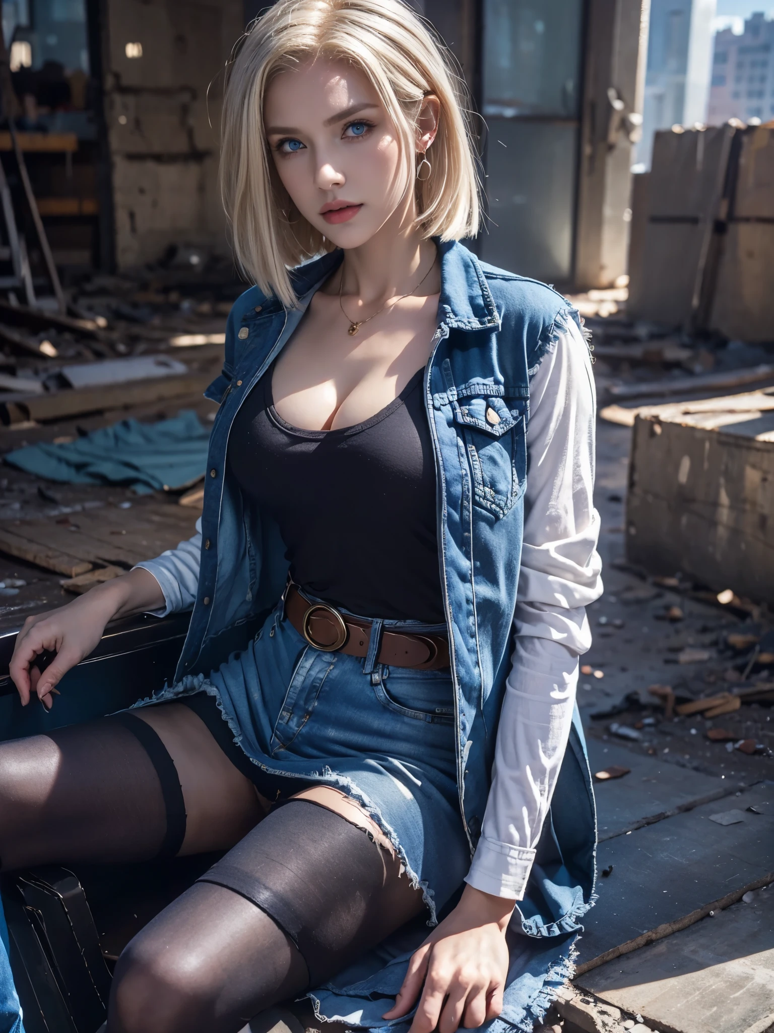 masterpiece, high resolution,8K,( Portrait Photos:1.5),(R Original Photo),Reality,Digital Photography,(Ruins of the Apocalypse ),City ruins,Single,Enjinight, 1girl , android 18, Alone, blonde hair, pantyhose, Denim skirt, skirt, denim, blue eyes, belt, black tanktop, realistic , earrings, Pearl Necklace , denim jacket, clenched hands, short hair, striped, striped sleeves, black pantyhose, shirt, breasts, striped shirt, jacket,