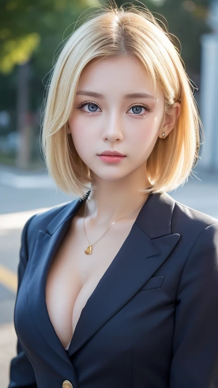 A woman of beauty in a fantastic space, Black blazer，Tight microdress white, 18k, {{Masterpiece}}, Best quality, High quality:1.4), simplebackground，Green background，，{{[[front look}}, Photo pose)]], very pretty look face, And very nice blue eyes, cute images, cute images, {{Expose the lateral breasts}},, {{{{slim sexy body}}}}, {{{{{{Tall woman}}}}}}, {{177 cm tall}}, 独奏, upper legs, Lovely, Adorable, Pale skin, {{18to 22 years old German girl}}, look beautiful German girl and blue eyes or green eyes with platinum blonde hair color), Nordic German young girl, {{{{{{{{{{cleavage}}}}}}}}}},