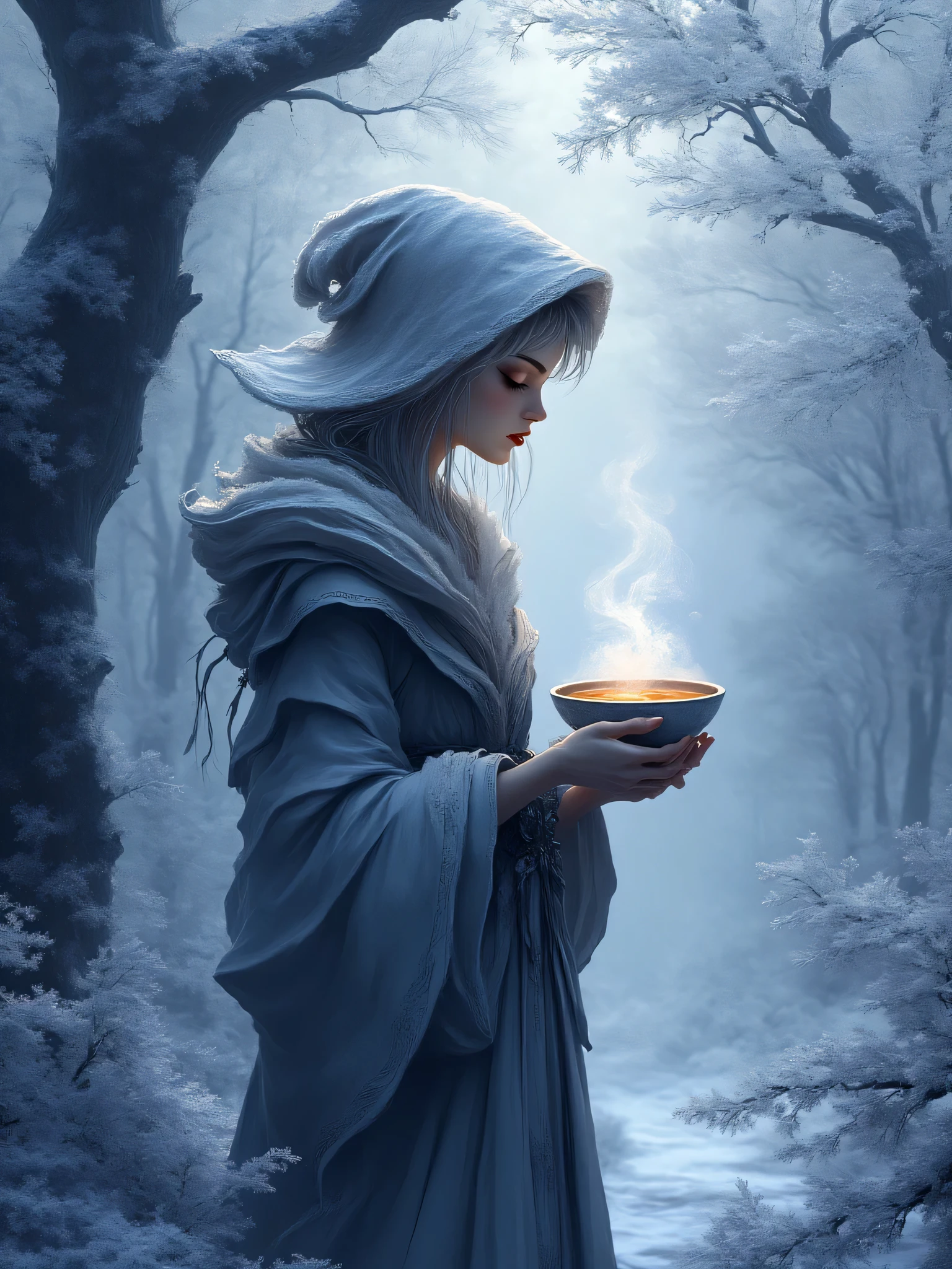 winter, forest, woman, frost, warm soup, Soup, The World of Silver, Long coat, Mysterious Atmosphere