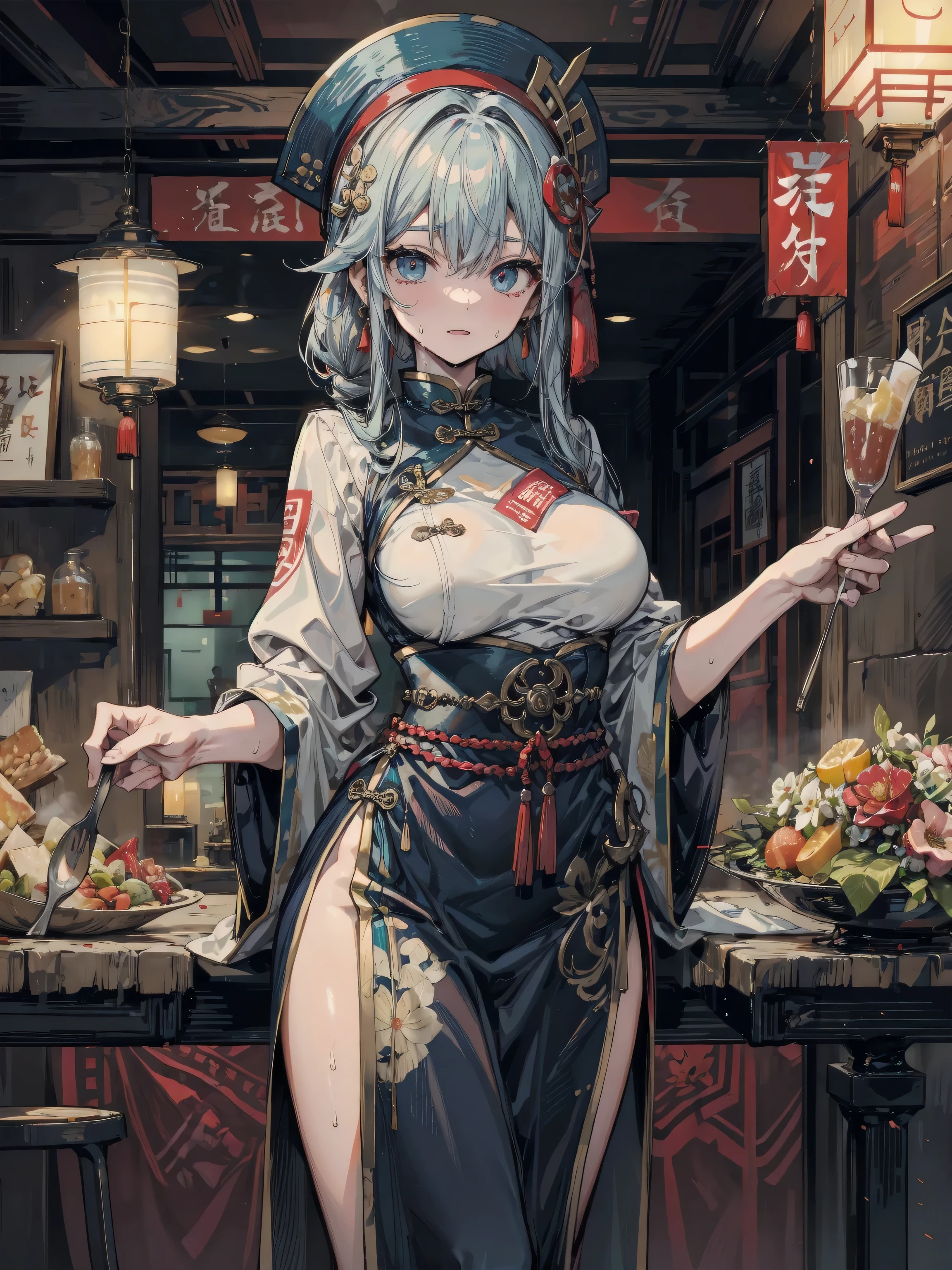 A tall and beautiful woman,Slender abs,Ice blue hair in loose wavy styling,Large breasts,Sexy lace lingerie white button shirt,With glasses cat ear lady cheongsam(The details in the facial and skin textures are beautifully rendered,Detailed eyes,二重まぶた