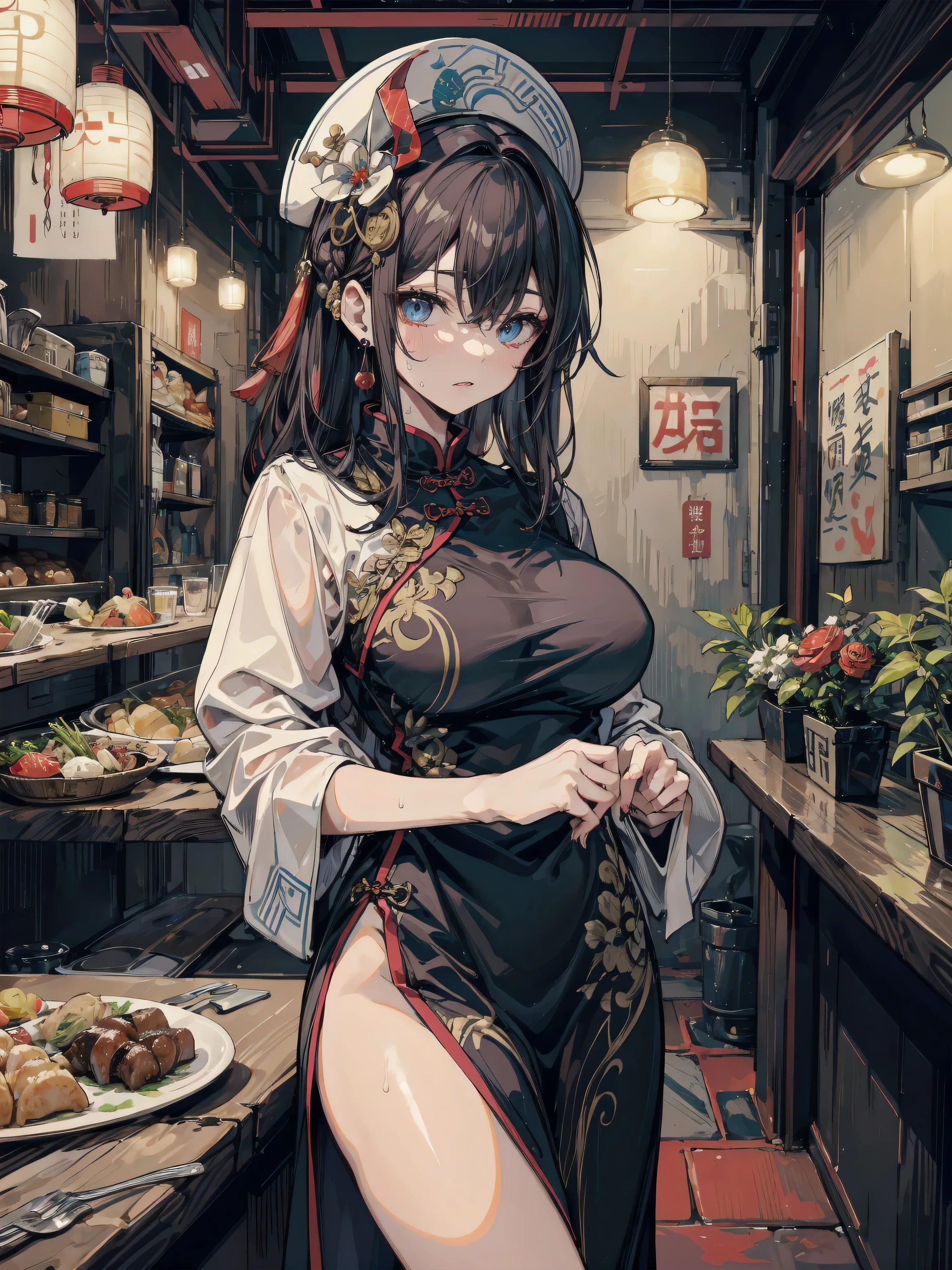 (((Masterpiece))),(((Super Detail))),(((in 8K))),(((best composition))),(((Rim lighting,Fireglow effect,deep shadow))),solo,(Hatsune Miku:1.0),beautiful detailed eyes,double bun with glittering hair ornament,(super detailed glossy skin:1.3),slender body,tits,goddess smile,((mouth little smile open)),beautiful posture,cheongsam dress,(blue with silvr gold thread embroidery,super delicate floral pattern:1.2),seductive cleavage:1.3,beautiful glossy legs,shiny red high heels,lifting dishes with cakesd,french restaurant,hustle and bustle,rising steam,(((depth of fields)))