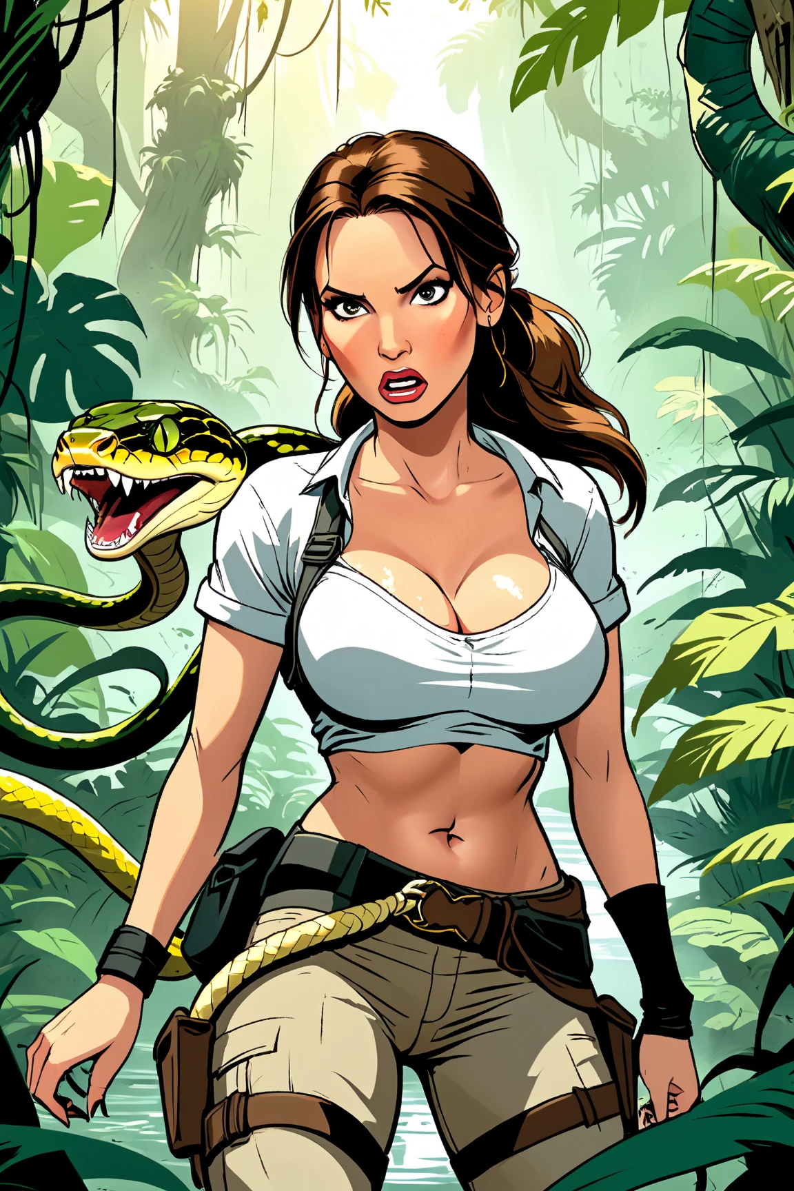 Lara Croft, perfect face, beautiful face, perfect body, in tight clothes, perfect body and face, chic body, big shapes, beautiful big ass, wide hips, wide thighs, beautiful big tits, in the jungle