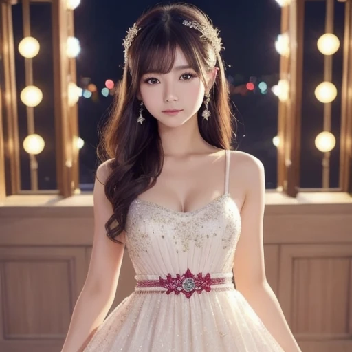 In this delicate and finely detailed masterpiece, a beautiful 8-year-old  is portrayed. She has long curly blonde hair that cascades down her back like angel wings and small breasts. Adorned with intricate jewelry, including a necklace with a dazzling diamond pendant, a bracelet, earrings, and a choker, the girl exudes elegance.

Her white thighs peek out from beneath her dress, adding a hint of innocence to her provocative and sexy pose. The girl gazes directly at the viewer with a seductive yet innocent smile, captivating their attention. The front view of her mesmerizing face, with its detailed lips and intricate details, is truly enchanting