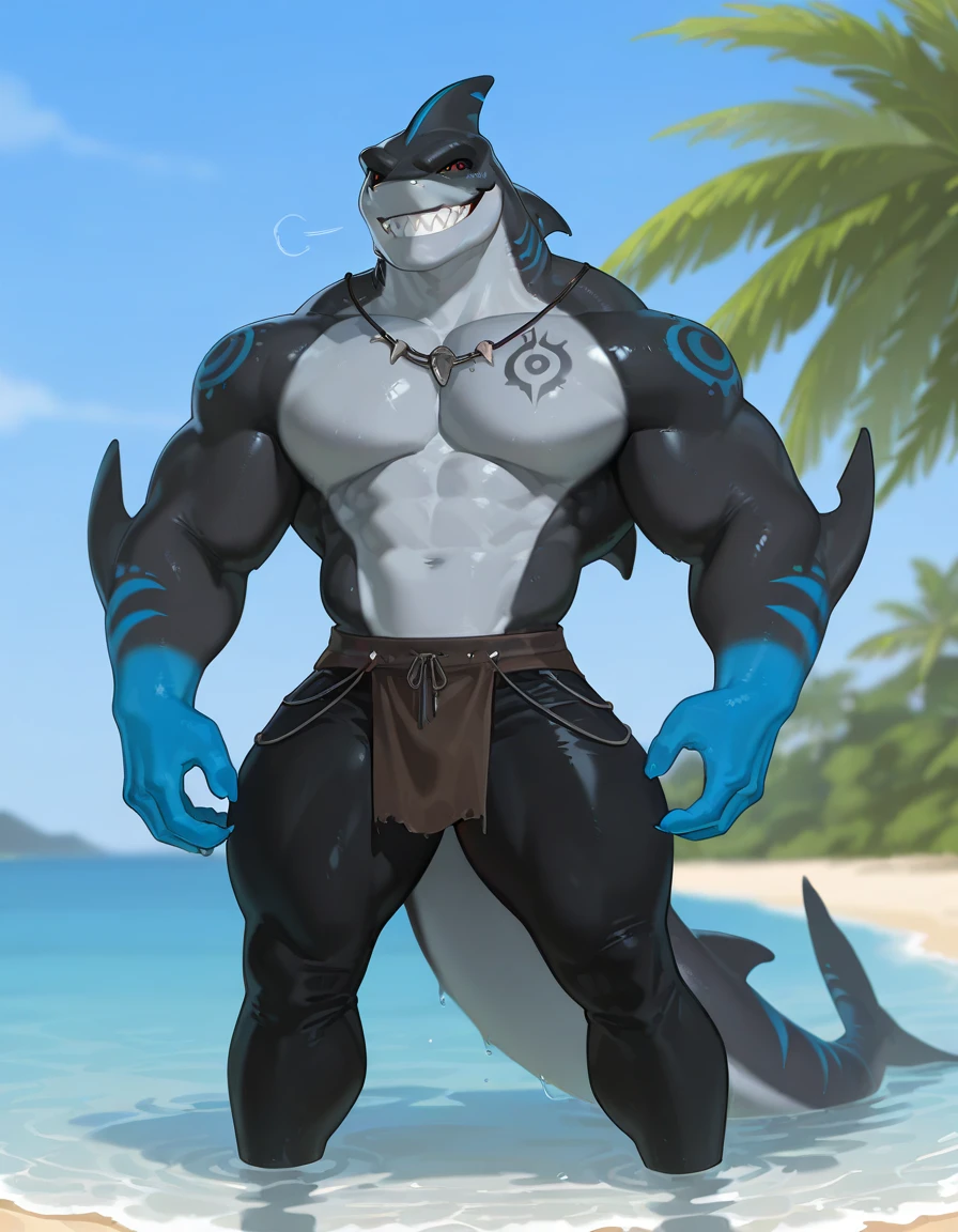 sharkman, anthro megalodon, black and blue hands and fins, black back, solo, big arms, bara, detailed smooth skin, lizard shark hybrid, bull shark head, anthro, closed mouth, smiling, detailed scales, muscular, thick legs, proporcional body, wide chest, trapezoid body type, marked jaw, thick shark tail, armless bodysuit, scalie bodysuit, best quality, 4k, ultra-detailed, by Buta99, by honovy, detailed illustration of 4K horror, island beach scenery, wearing armor, tribal shark tattoos on the body, sitting on a stone near water