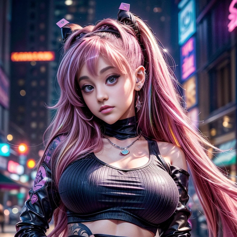 sfw, masterpiece, best quality, ((2 cyberpunk girls standing together taking selfie portrait)), ((((Harajuku-inspired cyberpunk clothing)))), bold colors and patterns, eye-catching accessories, trendy and innovative hairstyle))), dazzling Cyberpunk cityscape, skyscrapers, glowing neon signs, LED lights, anime illustration, detailed skin texture, detailed cloth texture, beautiful detailed face, intricate details, ultra detailed, cinematic lighting, strong contrast, wearing bra,((skinny waist)), young asian girl, ((big breasted)),