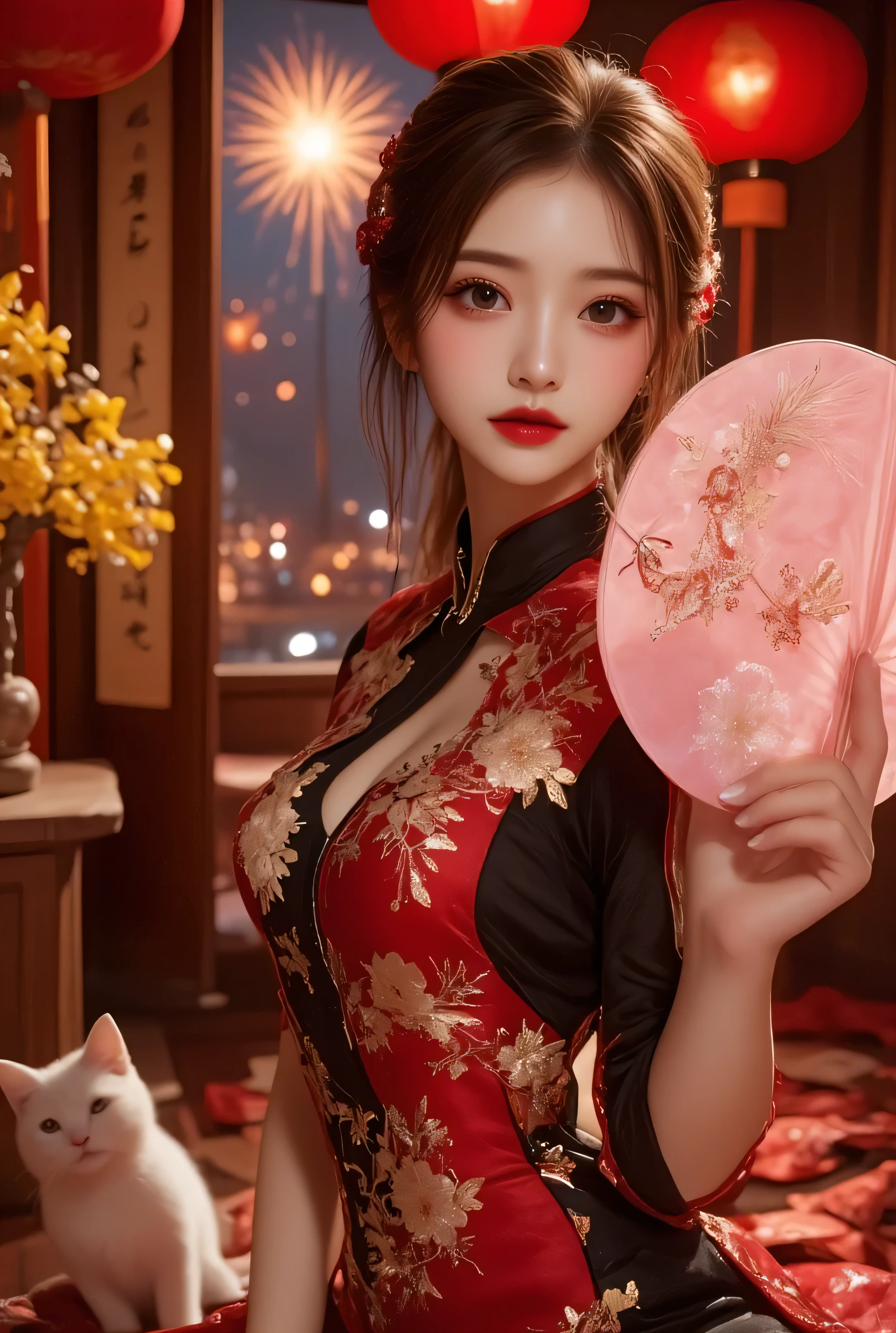 Cat ears、 face up, attractive, pretty girl, ponytail、 (( fine facial features , eroticism)), dramatic lighting , realistic , 8k, Dramatic Shadows , intricate and elaborate patterns , super detailed photo , chiaroscuro lighting , Pleasant colors , deep contrast , super real 、 pink lipstick、 warm room、Vintage Fireplace 、 cinematic composition、Close-up of face, pretty half part transparent open shoulder loose outfits dress, tang style, A beautiful Korean idol wearing a one piece red- black tightly cheongsam with phoenix and intricate floral golden embroidery, golden and silver outline on dress, hand hold pink feathers paper fan with golden ink drawing, standing gracefully in a room filled with traditional Chinese New Year decorations. The room features vibrant red lanterns, decorative calligraphy scrolls, a small Chinese orange tree with golden ornaments, and several red envelopes scattered across the floor and hanging from the tree. Adorable, playful cats are part of the scene—some sitting near the tree, others curiously pawing at the red envelopes or lounging around. Through a window or an open door in the background, vibrant Chinese fireworks light up the night sky in an array of reds, golds, and blues, casting a magical glow into the room. The idol’s outfit is paired with subtle accessories like red hairpins or earrings, complementing the festive look. The atmosphere is warm and lively, filled with the joyful essence of the celebration, enhanced by the shimmering lights of the fireworks and the lively decor.