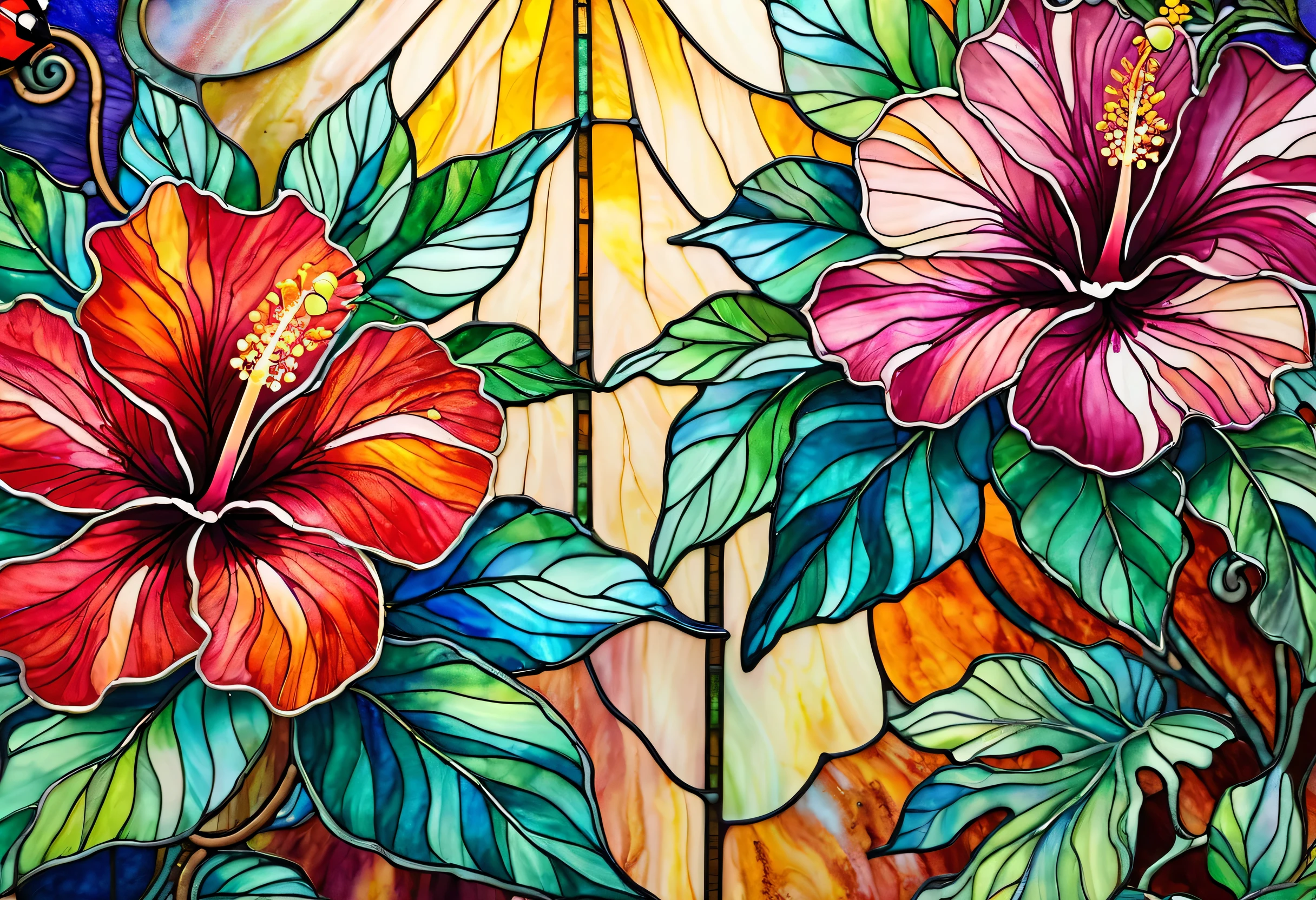 flower with leaves and ladybug painting , Watercolor by Meredith Dillman , Shutterstock , Cloisonné, Stained Glass Art , Hibiscus , alcohol ink art, stained glass style , blooming Tropical flowers, Tropical flowers, Colorful Detailed Art , baroque Hibiscus queen, Hibiscus flowers, detailed watercolor style art, alcohol ink painting, Painting glass with drawings