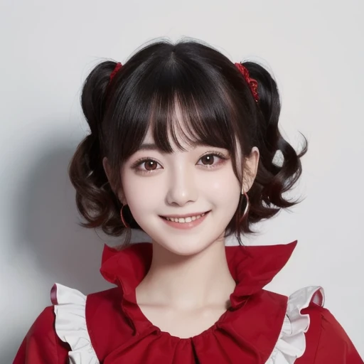 Top Quality, Masterpiece, black hair, Red Eyes, Look up, upper body, Cute, ruffle shirt , smile,Red Hair