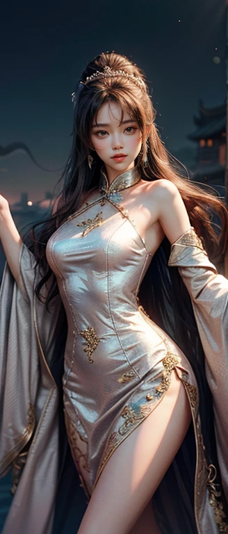 ultra high resolution、super high quality、8K、Detailed details、marvelous expression、1 female、tall slender woman、long brown curly hair、black cocktail dress with luxurious hair ornaments、Luxury hotel dance party background、