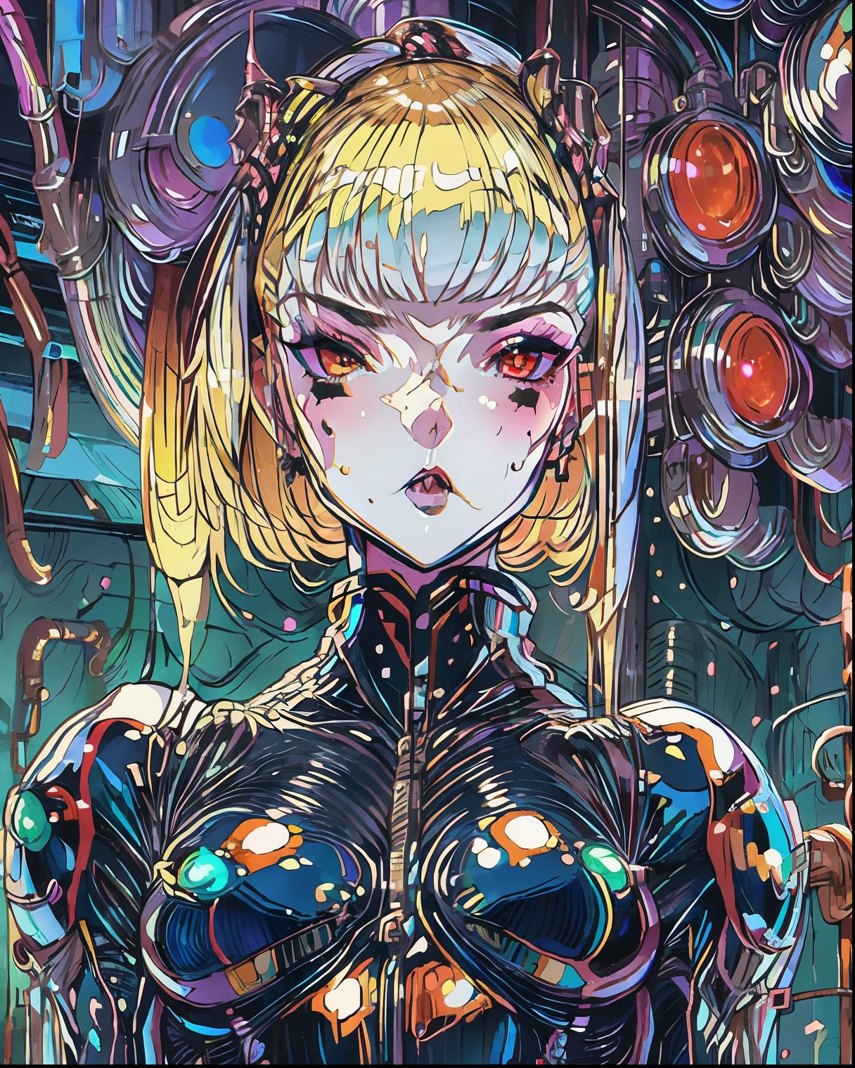 Face close up, gothic cyborg girl, latex body, ((shiny body:1.3)), big breast,