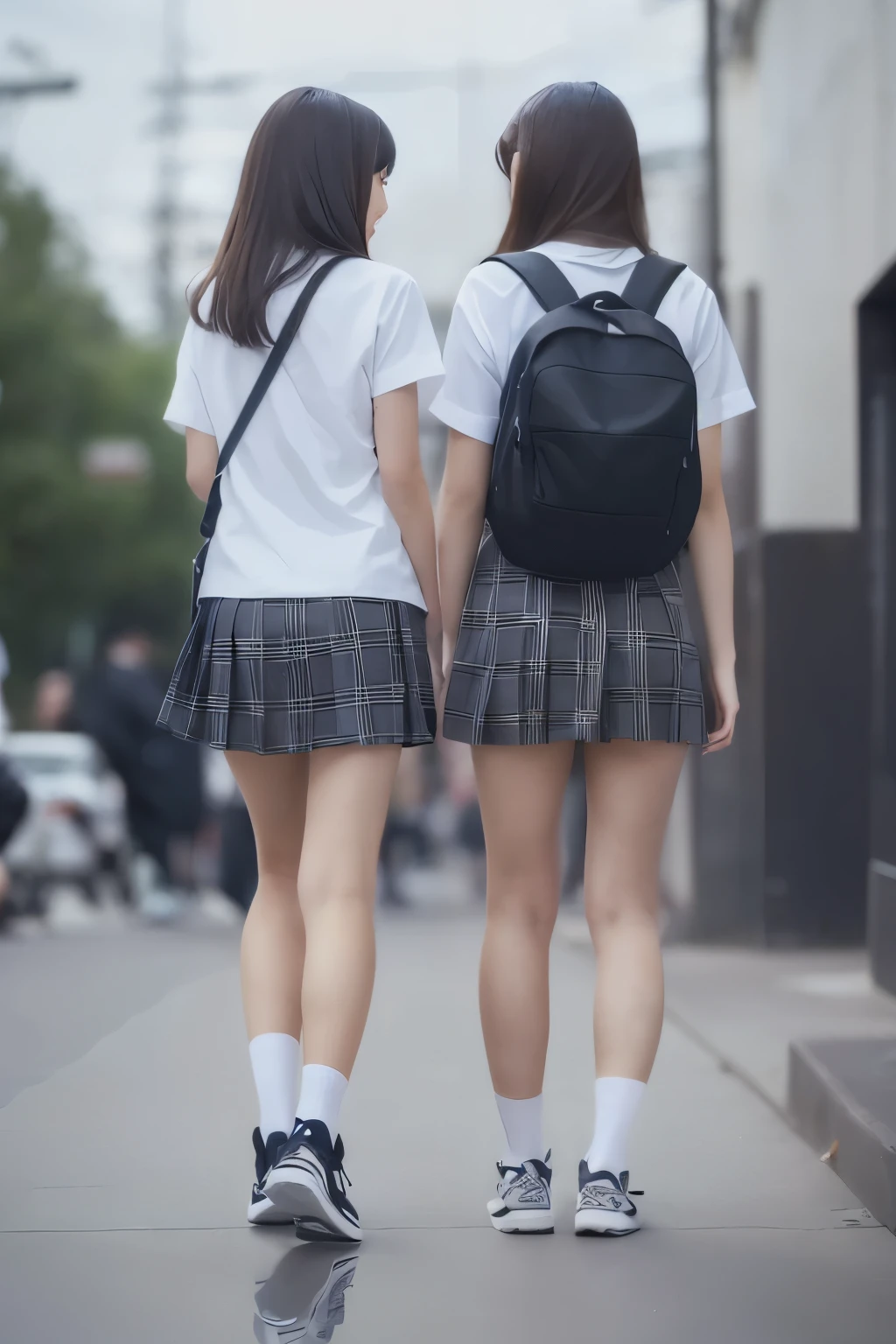 (Raw photo: 1.4), (Photorealistic: 1.4), (Masterpiece), Best quality, Highest quality, Highly detailed CG Unity 8k wallpaper, Detailed and intricate, Original, High resolution, \\ 1girl,solo,( 14 years old), very fine eyes, small breasts, black hair, long hair, big black eyes, hair clip, looking at camera, whole body, junior high school student, uniform, summer clothes, short sleeves, short white socks, school bag, dark blue short pleated skirt, small Buttocks, slender legs, slender calves, detailed backs of the knees, black loafers, ((back view running up the stairs, whole body, white underwear inside the skirt)), school stairs, depth of field, loli: 0.6, Realistic: 1.4, (Ambient lighting: 1), (HDR: 1), (Studio lighting: 1.4), (Skirt: 1.2), Lighting from below, full body visible