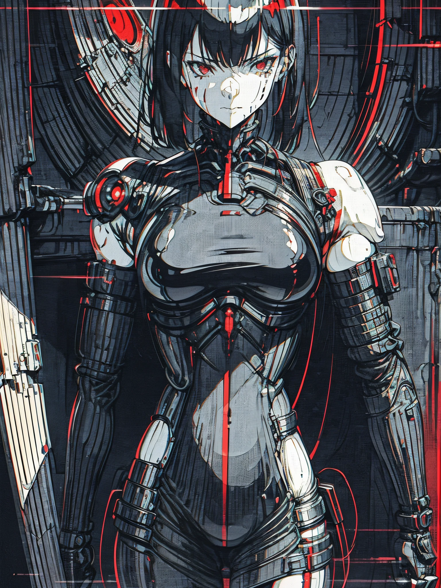 monochrome, greyscale, blood, cable, science fiction, cyberpunk, chromatic aberration, outdoors, detailed background, night, 1girl, beautiful, solo, bare shoulders, Seductive, red light, ((shiny body)), latex, close up
