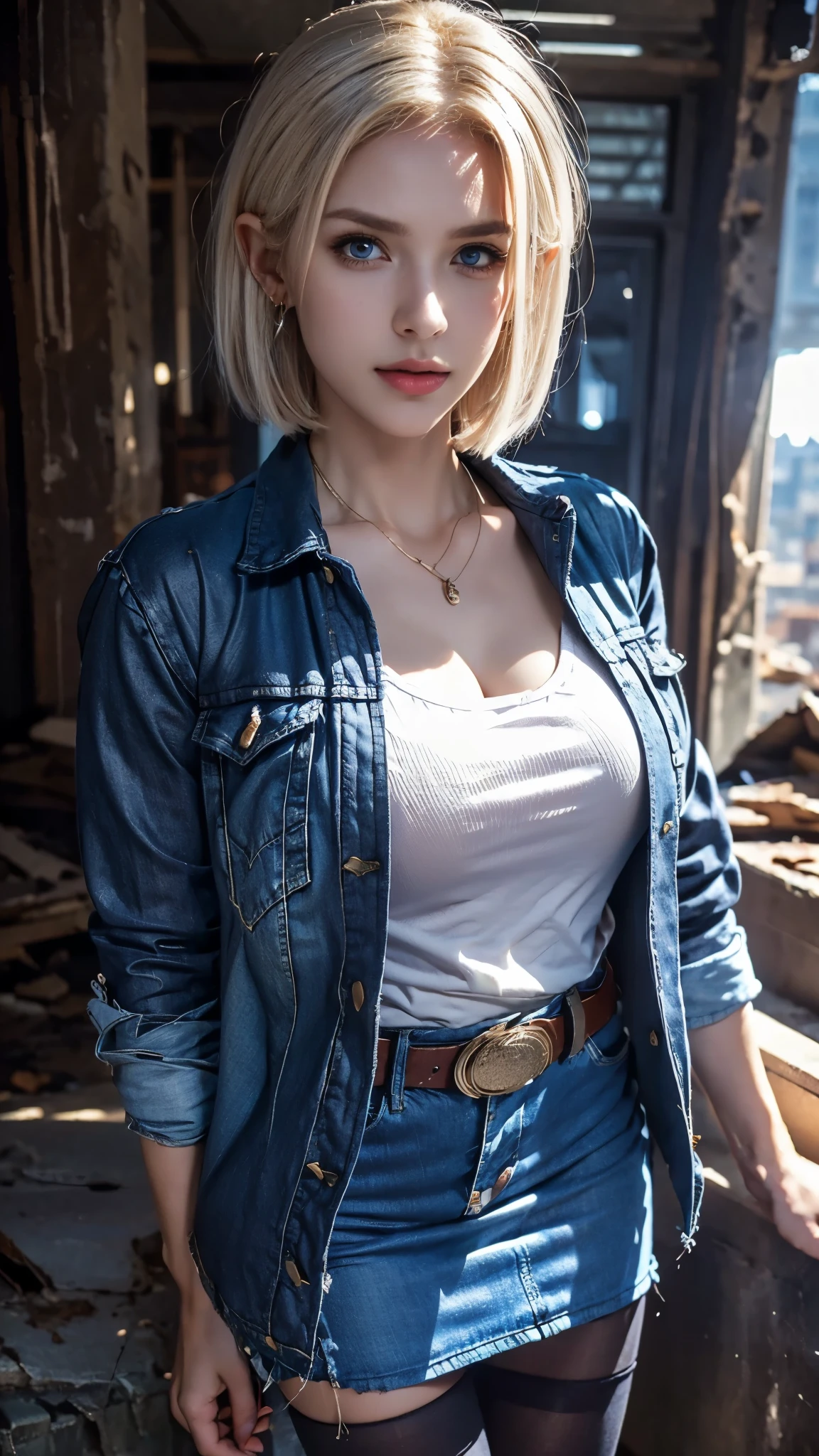 masterpiece, high resolution,8K,( Portrait Photos:1.5),(R Original Photo),Reality,Digital Photography,(Ruins of the Apocalypse ),City ruins,Single,Enjinight, 1girl , android 18, Alone, blonde hair, pantyhose, Denim skirt, skirt, denim, blue eyes, belt, black tanktop, realistic , earrings, Pearl Necklace , denim jacket, clenched hands, short hair, striped, striped sleeves, black pantyhose, shirt, breasts, striped shirt, jacket,