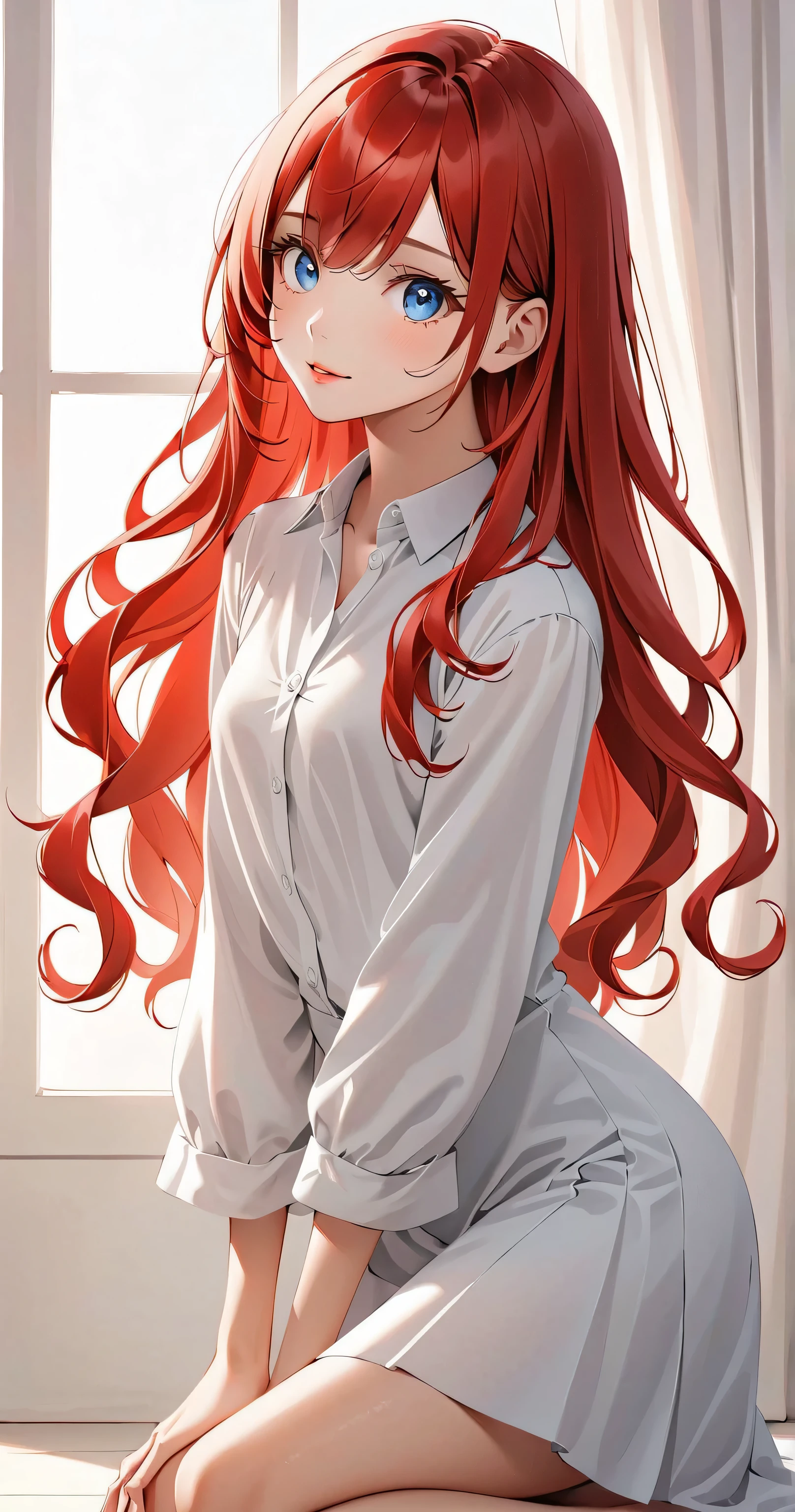 Full-body and Front view portrait of well-balanced proportion girl
From head to toe full body shot, tight frame, she stands tall and confident, slightly on tiptoes, with her posture exuding lightness and grace.
She is tall and has an 8-head body shape, with a graceful figure and a balanced proportion.
Her light-red hair, medium-length, flows gently and frames her face with natural grace, adding to her serene and innocent charm.
Her face is beautiful, with detailed eyes and a cool gaze.
She wears an oversized men's white dress shirt with soft, subtle pleats at the hem and rolled-up sleeves, giving a relaxed yet stylish appearance. The shirt reaches just above the knees, highlighting her long legs, with simple undergarments casually visible underneath.

Background and lighting
A minimalist white room serves as the backdrop, with sunlight flooding in through a large window, casting soft shadows and highlights on her form. The warm light enhances the serene atmosphere, drawing attention to her graceful silhouette and soft features, creating a dreamlike ambiance.

Overall finish
masterpiece, best q
The lighting is soft and clean, with crisp details and vibrant highlights in the character's design.  
Background features minimalistic white surroundings with soft shadows for depth and elegance.  

Her light-red hair flows naturally, cascading down to her mid-back with soft waves. Her expressive, deep blue eyes glimmer with curiosity and charm, her lips curled into a gentle, inviting smile. 
Outfit Design: 
She is wearing an .  Her posture exudes confidence and elegance, her back arched slightly to accentuate her proportions. The floor reflects her figure faintly, adding depth to the composition. Artistic Enhancements: masterpiece, best quality, ultra-detailed, 8k resolution, illustration, perfect anatomy. sharp focus, crisp details, vibrant colors, 2D anime style. beautiful face, detailed eyes, elegant pose, smooth gradients, realistic lighting effects, dynamic composition.