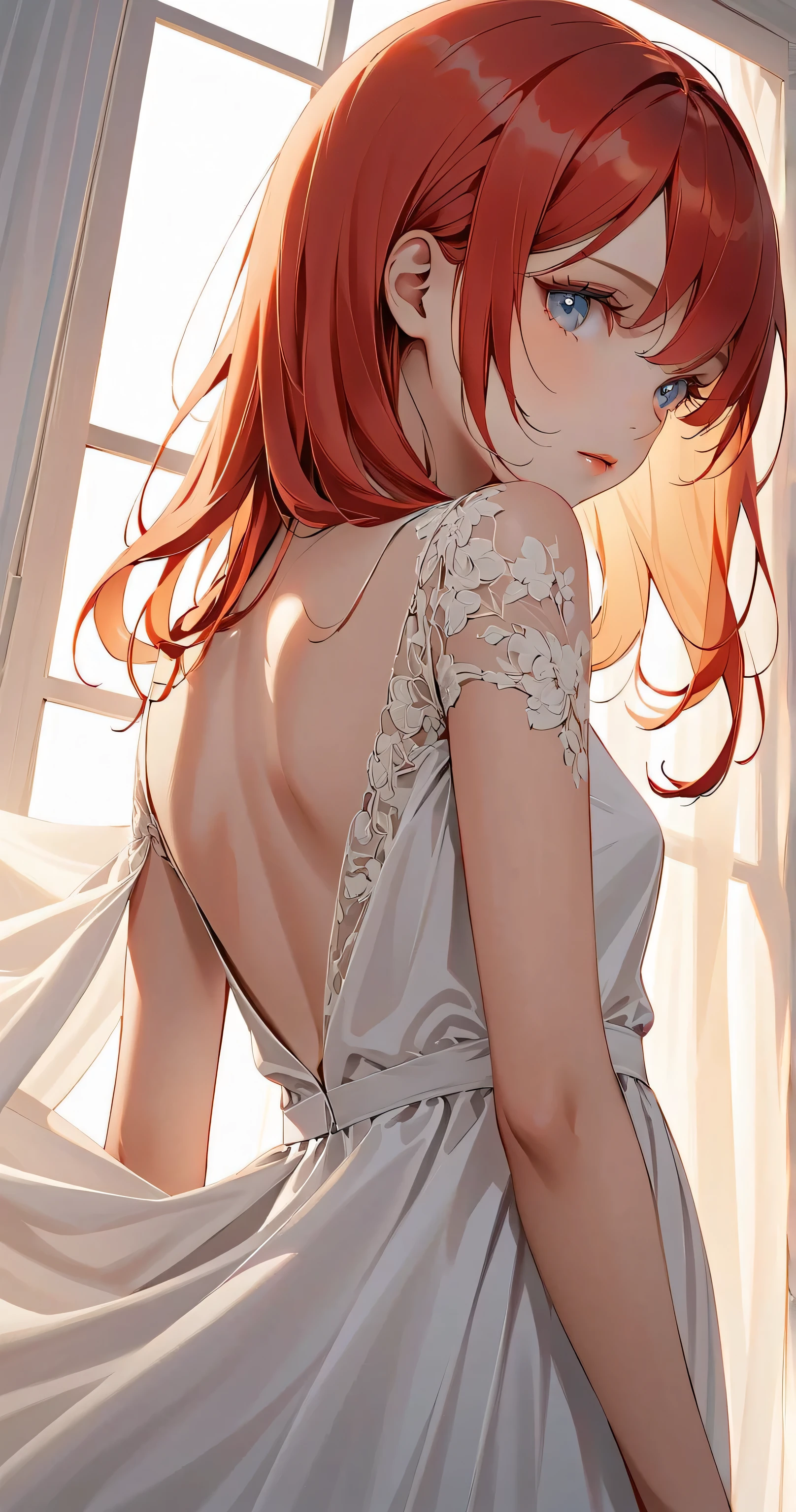 Full-body and Front view portrait of well-balanced proportion girl
From head to toe full body shot, tight frame.
She is tall and has an 8-head body shape, standing gracefully.
Her light-red hair, medium-length, flows gently and frames her face with natural grace, adding to her serene and innocent charm.
She wears a delicate, lightweight white A-line dress with subtle lace detailing around the hem and shoulders. The dress cinches at the waist, flowing out in soft folds that cascade to her knees. The material gently drapes, creating an elegant, fluid silhouette. The back of the dress is slightly open, adding a touch of refined allure.
Background and lighting
A minimalist white room serves as the backdrop, with sunlight flooding in through a large window, casting soft shadows and highlights on her form. The warm light enhances the serene atmosphere, drawing attention to her graceful silhouette and soft features, creating a dreamlike ambiance.
Overall finish
masterpiece, best quality, ultra-detailed, 8k resolution, illustration, perfect anatomy, 1 girl, nice hands, perfect hands.
Sharp focus, crisp details, vibrant colors, beautiful face, detailed eyes, beautiful body, graceful figure.