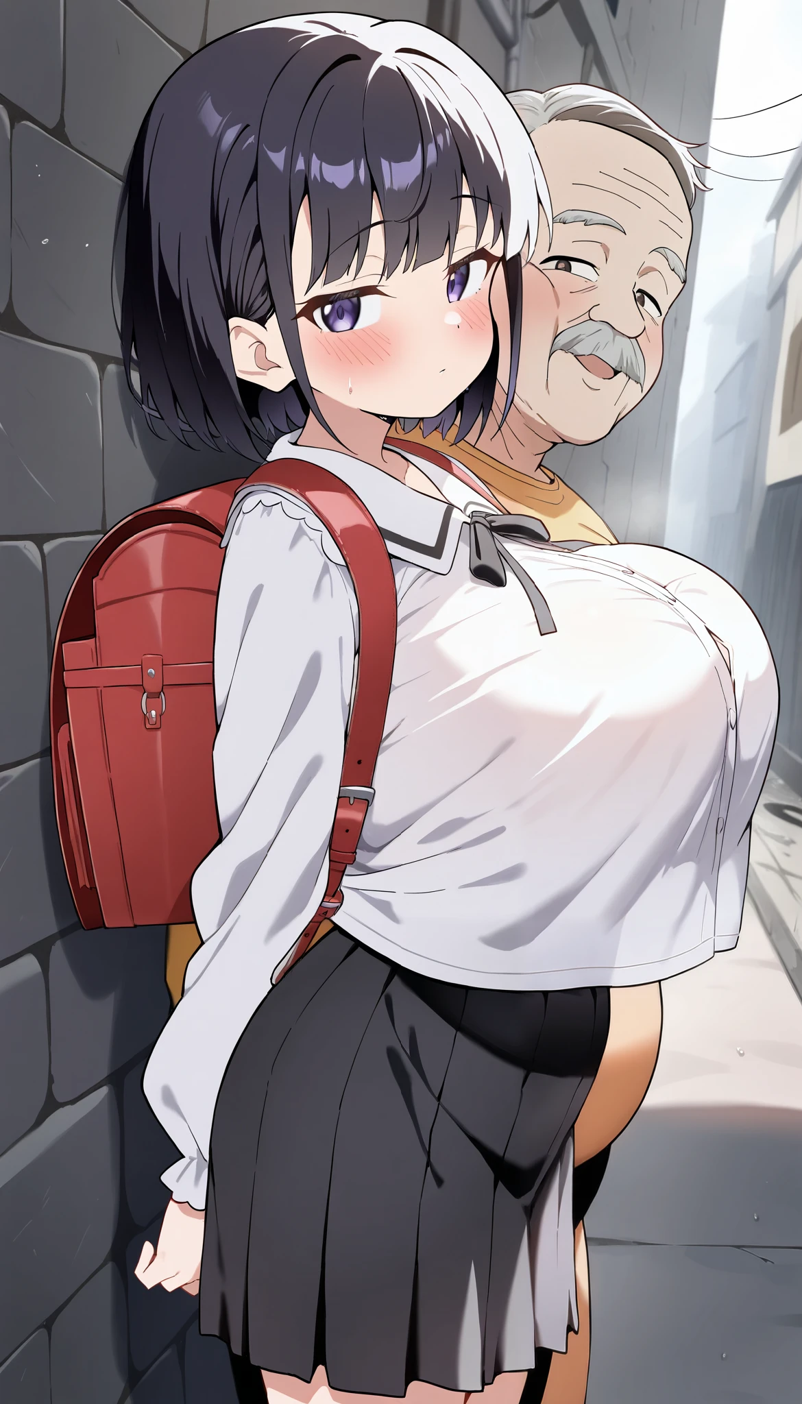 (( best quality )), ((Masterpiece)), ( Details), 1 girl, black short hair skirt, bob cut, stares at viewers, huge breasts, slender, ( blouse), blouseのインナーにうっすら見えるブルーブラジャー,(An in the lower grades :1.3), randoiful Skin , nsfw, alley,(A girl hugs the old man's face in front of her chest:1.3), fat old man,(My favorite old man :1.1),Wall-don, stroke my head