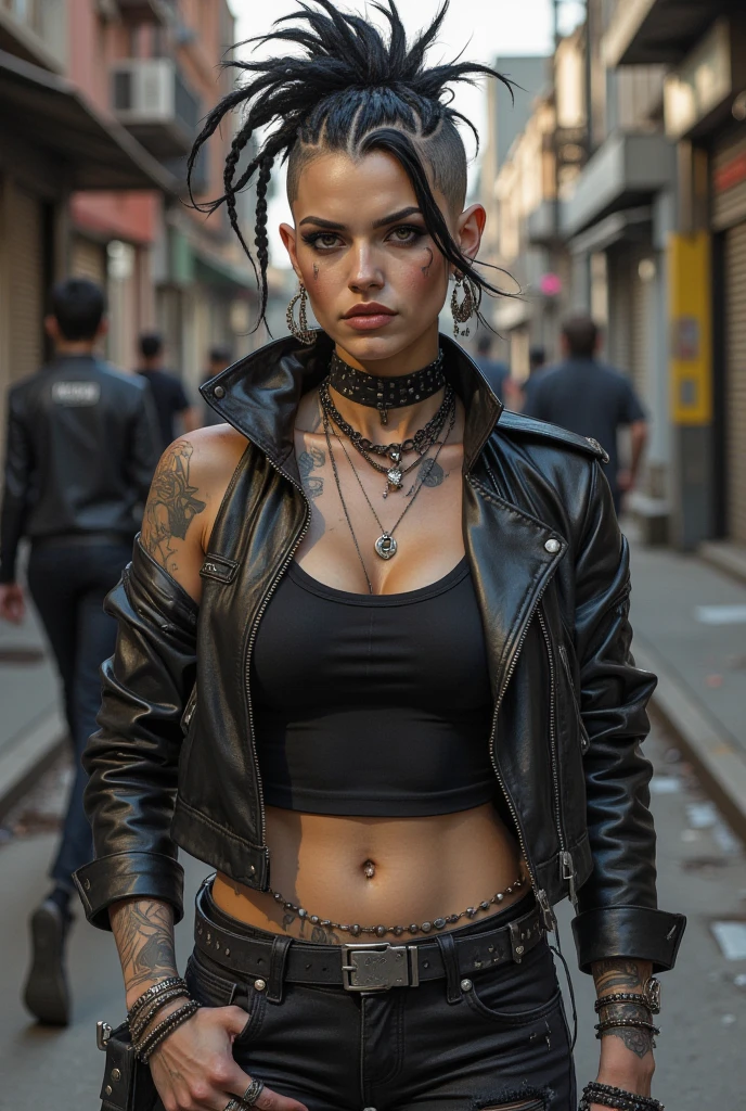 full body shot, super muscular build and medium chest.,wearing an open black leather vest.., tight pants, and heavy boots, She has a punk rock look and pixie hairstyle. Her tattoos all over her body highlight her hardened character..., Hyperrealistic Bonnie Rotten close-up photo, masterpiece, Best quality, (Photorealistic:1.4), Create dystopian masterpieces. Depict a cityscape in the gritty style of game concept art.. This work should evoke a sense of abandonment and despair in a futuristic world., post-apocalyptic world. Pay attention to the subtleties of detail, sharp focus.