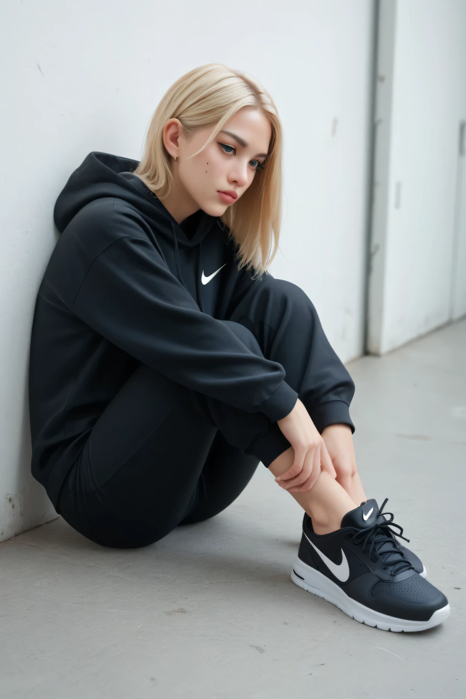 a girl sitting on a motorcycle,white skirt,gray hoodie,jordan sneakers,white socks,(best quality,4k,8k,highres,masterpiece:1.2),ultra-detailed,(realistic,photorealistic,photo-realistic:1.37),1girl,girl on motorcycle,detailed face,beautiful detailed eyes,beautiful detailed lips,extremely detailed eyes and face,long eyelashes,detailed clothing,white skirt,gray hoodie,jordan sneakers,white socks,photorealistic,cinematic lighting,vibrant colors,studio lighting