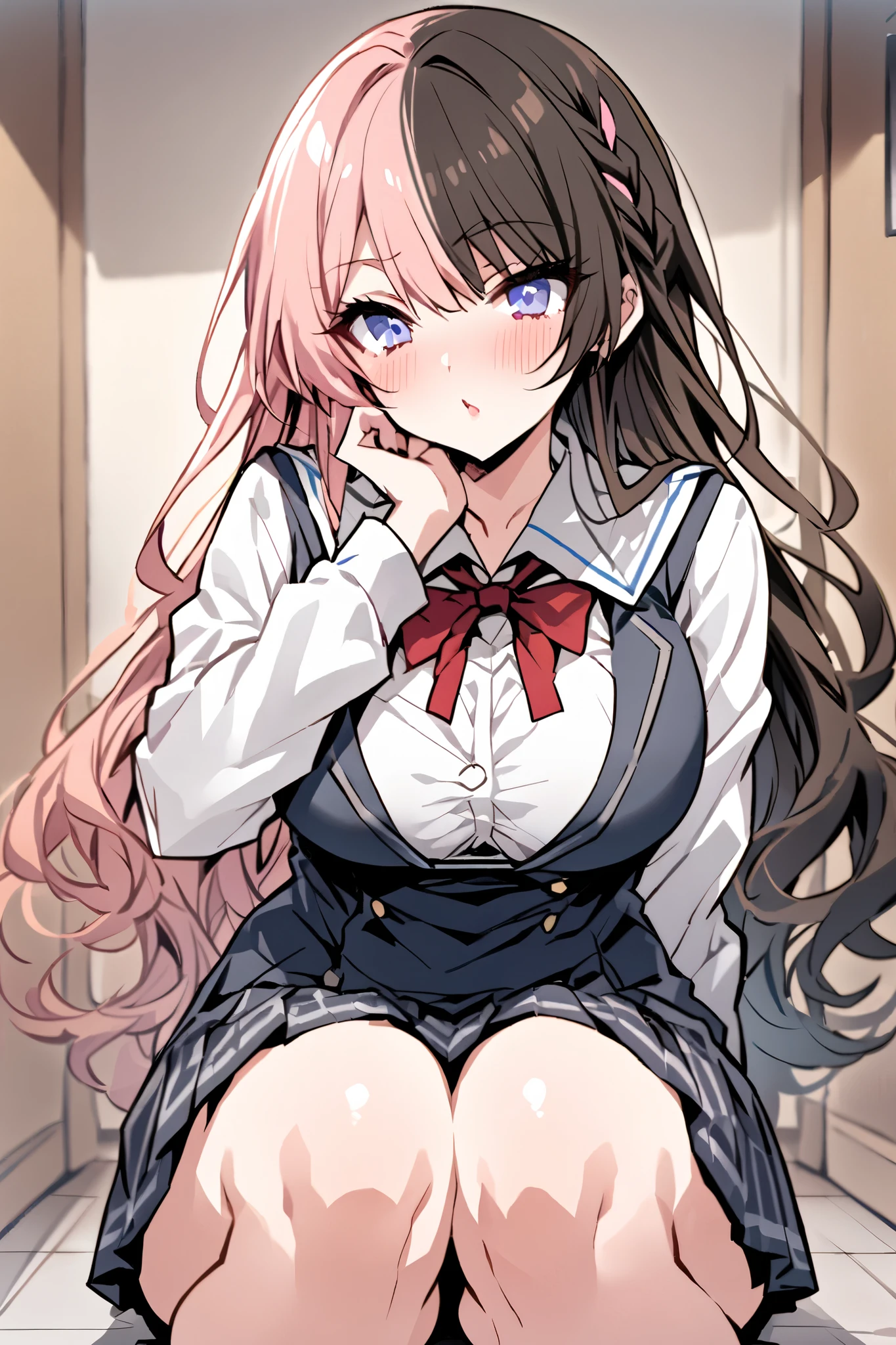 Masterpiece,  best quality ,  high resolution, Hinano Tachibana, 1 girl,F Cup,Two-tone hair color,  long hair,  braided ,  moderately large breasts ,  school uniform、squats 、Open your knees、Place your hand on your cheek
