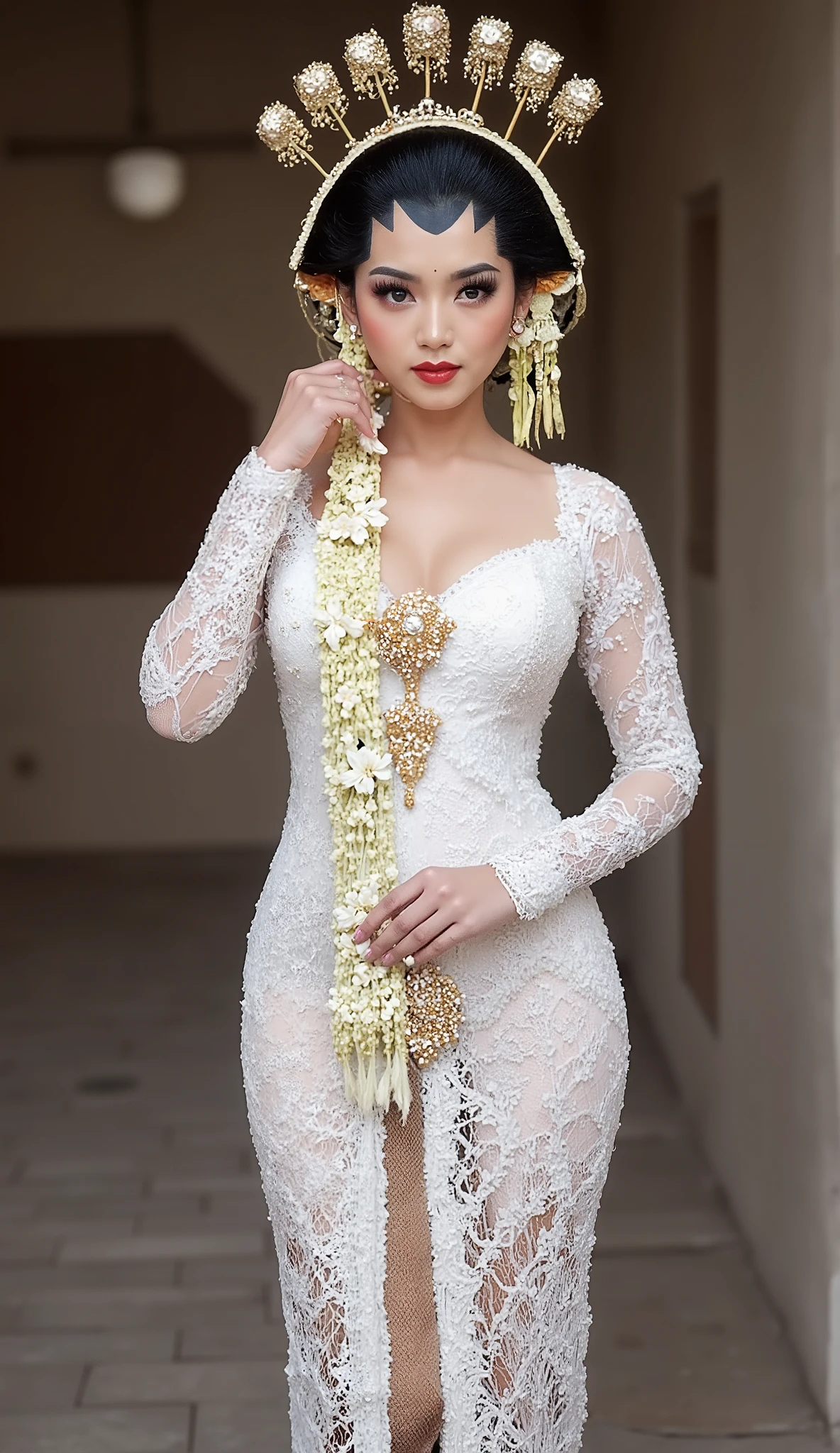 (Best quality, 8k, 32k, Masterpiece, UHD:1.2), Pretty Indonesian woman, beauty face, large breasts, (beautiful nipple slip:0.9), outdoors, windy, shiny skin, Javanese Traditional, standing, looking at viewer, white flower, red lips, holding sign with text "Selamat Malam HSC"