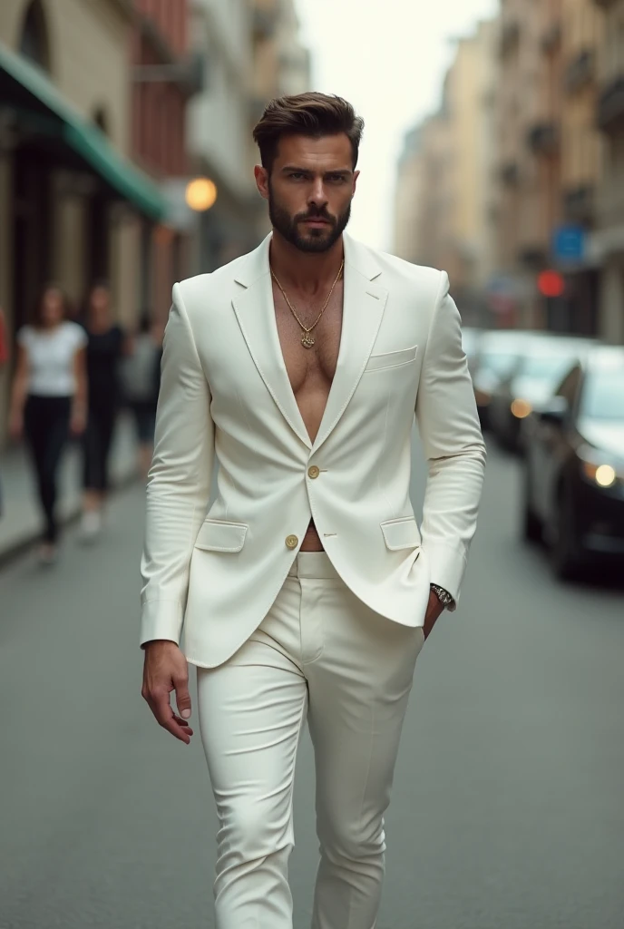 Ryan gosling is walking shirtless in a paded suit on a City Street. He got attention. He smile. He just wear the paded duit with no Shirt inside.