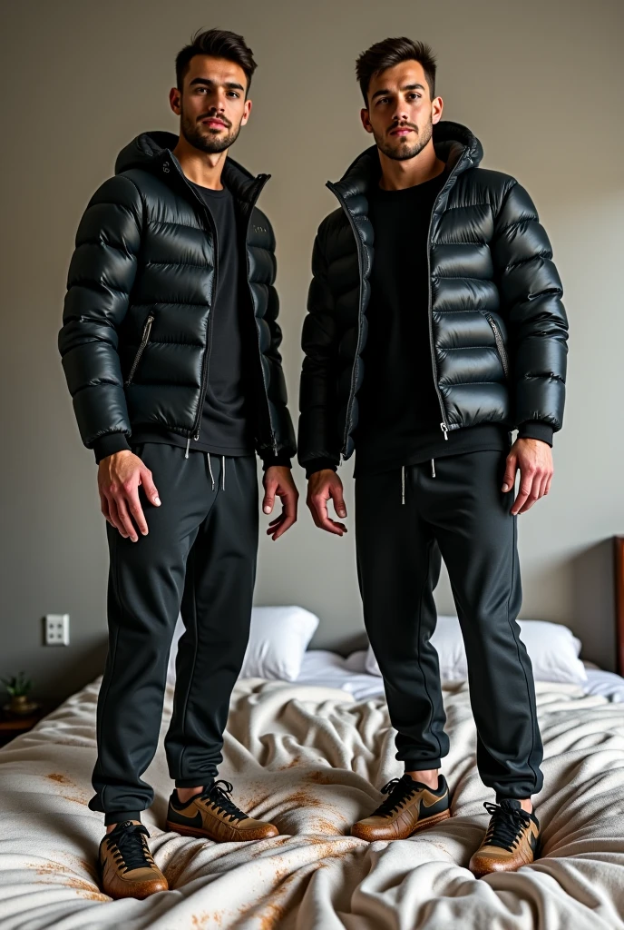 ATTENTION: (((*TWO MALES HANDSOME MAN TOGETHER*))) IN HIGH REALISTIC RAW IMAGE. Man A 4, exceptionally handsome man with light-colored eyes and short, thinning hair. He is (((dressed a pants, formal shoes, and an open, *extremely shiny blue nylon puffer jacket* that reveals his hairy chest and slightly prominent belly))). He is (((positioned on all fours))), with his head slightly raised as his necktie is being pulled by the domineering handsome man B. His is (((expressing deep humiliation and forced submission by the bad Man B, 3))), man with short hair, light skin, and a robust natural and hairy chest with a slightly prominent belly. He is (((wearing sports pants and sneakers, with no shirt, exposing his upper body))). Standing next to humiliating Man A, he grips the colar animal with a smug, dominant expression, (((pulling it to lift Man A’s head toward the camera))).
 ATTENTION: extremely ultra mega high ACCURATE IMAGE. High resolution, Best quality, High details, HD model, Anatomically correct, Accurate. ATTENTION: (((*TWO MALES HANDSOME MAN TOGETHER*))). 