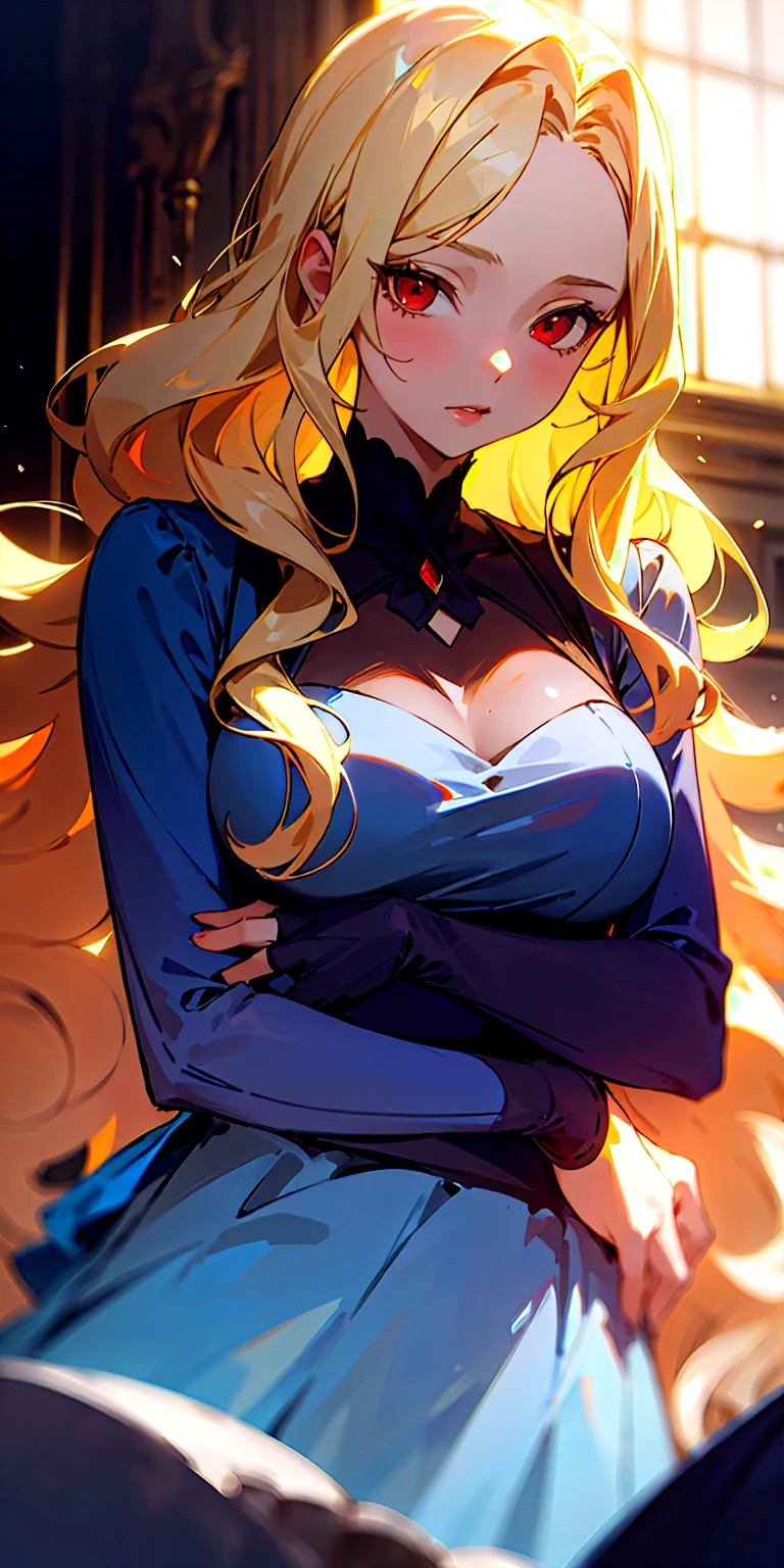 (Insanely detailed super accurate anime illustration),ultra cool girl character,demon queen, pregnancy, Sexy Red maternity dress, black cape,blonde long drill hair,cute huge belly,laugh,