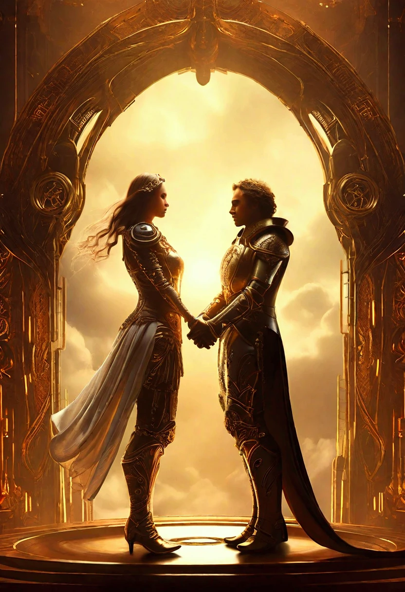 Duo in a celestial landscape, young dark-skinned duo in their 20s, in the chaos, they threaten each other with a sword, he is a prince of the celestial demons with long curly caramel hair, she is a mixed-race princess, she has freckles, she is blonde with grey eyes, Full body, 8K, extremely detailed, high quality, (photorealistic:1.37), Full body, ideal proportions and defined complexion, meticulously crafted features, unreachable beauty, perfection, breathtaking elegance, g curves, goddess-like figures, divine symmetry, artistic masterpieces, vivid realism, hyper-detailed sculptures, life-like forms, truly awe-inspiring, impeccable craftsmanship, pure radiance, ethereal beauty, delicate contours, striking poses, sublime beauty, subtle nuances, dynamic compositions, vibrant colors, perfect lighting, soulful expressions, celestial aura, majestic presence, dreamlike atmosphere, unmatched gdetailed octane render trending on artstation, 8 k artistic photography, photorealistic concept art, soft natural volumetric cinematic perfect light, chiaroscuro, award - winning photograph, masterpiece, perfect composition, beautiful detailed intricate insanely
