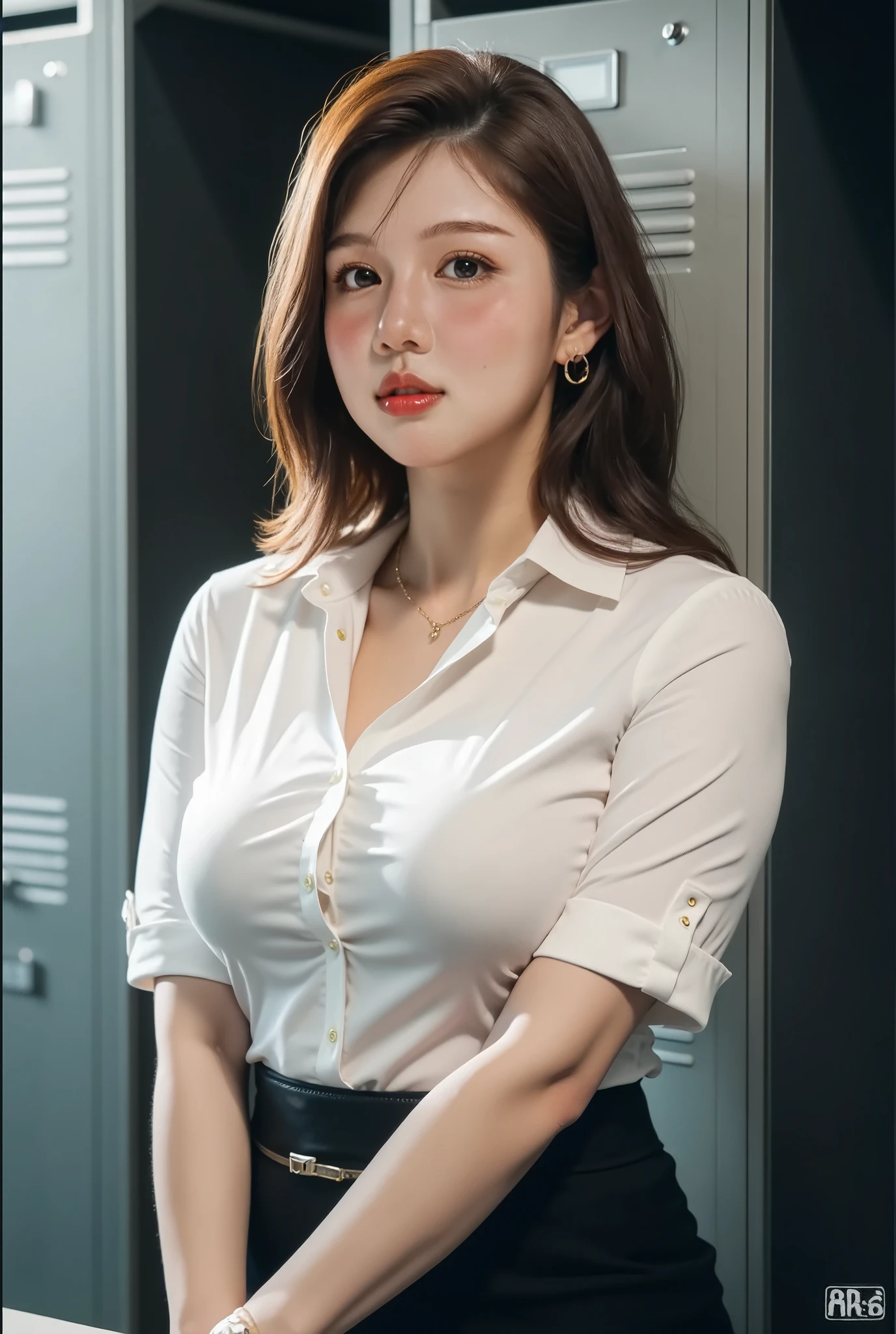 (Best Quality, 8K, Masterpiece, Ultra HD: 1.3), (K-Pop Idol: 1.3), 1 sexy Girl, (Big: 1.2), (Long Hair), Abs, Perfect Figure, Ultra Fine Face, Delicate Lips, Beautiful Eyes, Double Eyelids, Super fine hand, Super fine finger, office wear, white shirt, Short skirt (Sultry) ((Aroused: 1.5)) , Detailed , luxyru office manager