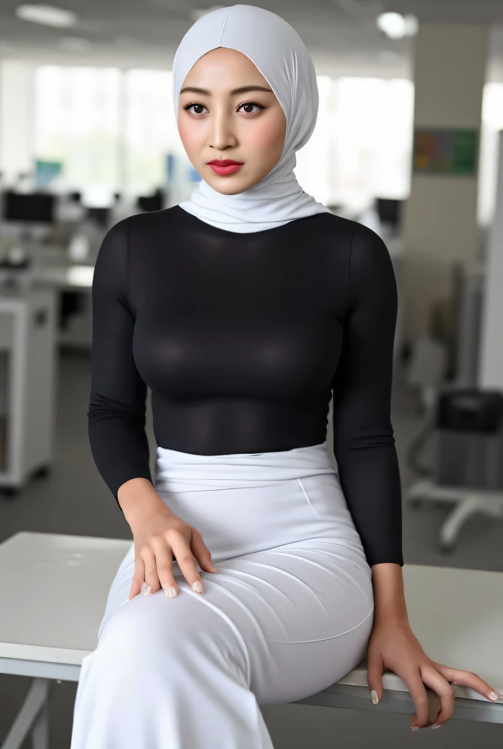 a female employee , sitting on an office desk , using long sleeve satin muslim dress in black , using maxi skirt in satin material long to the legs of white color, using maxi material hijab covering hair and neck in white, lips in pink , round and large breasts