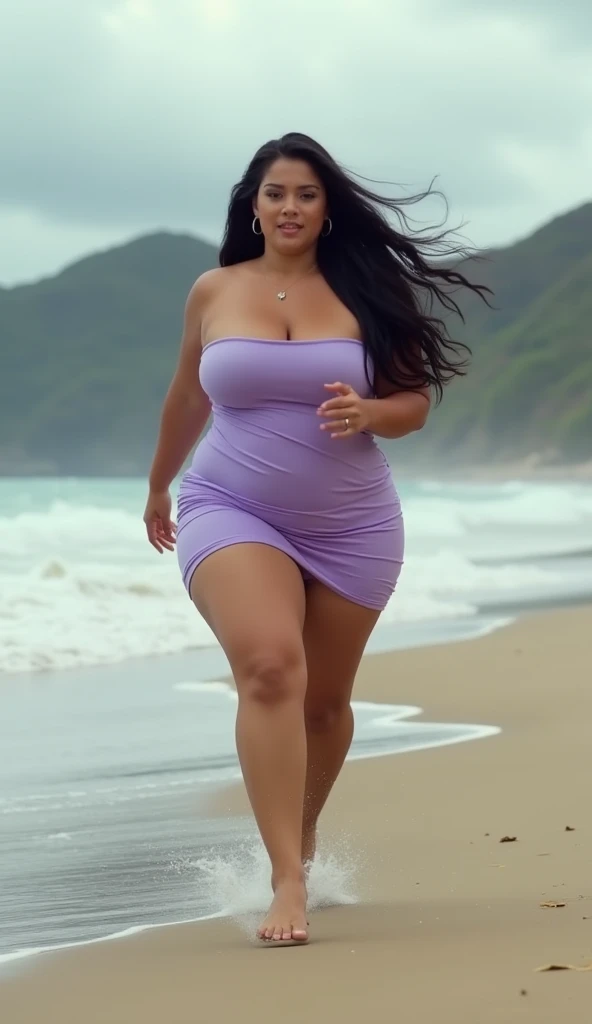 portrait, adult, curvy woman, (long violet wet hair), (standing on beach:1.3),