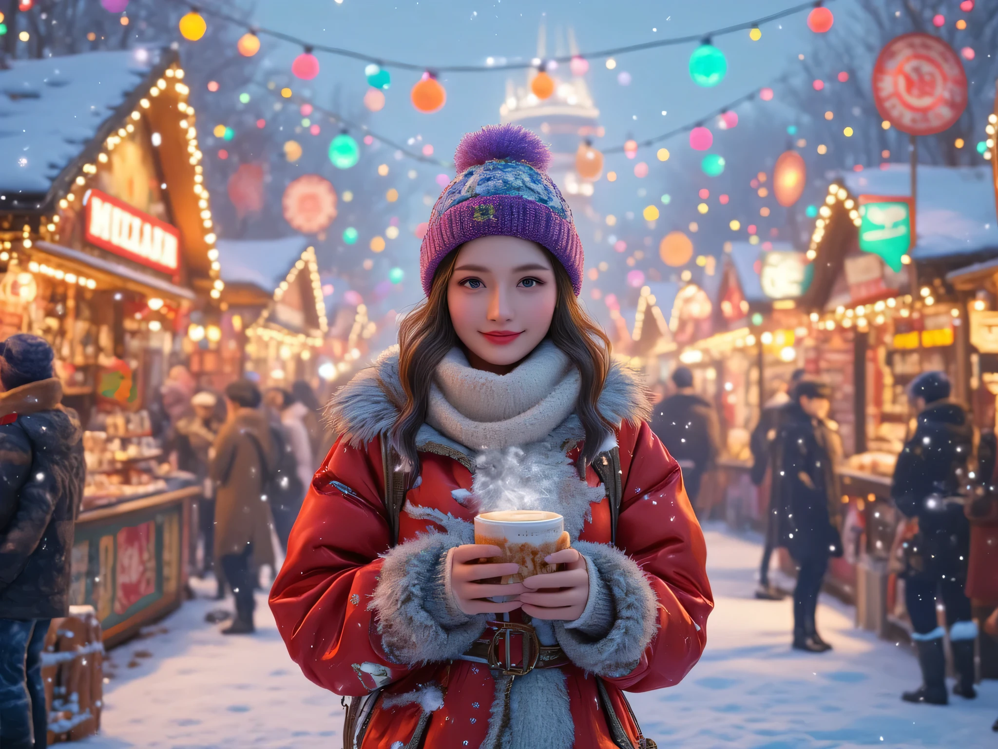 Mengli , winter, female model , A traditional winter festival, snow market , warm light , stall, hot drink in hand, people々Smile, Colorful Lights , fun atmosphere