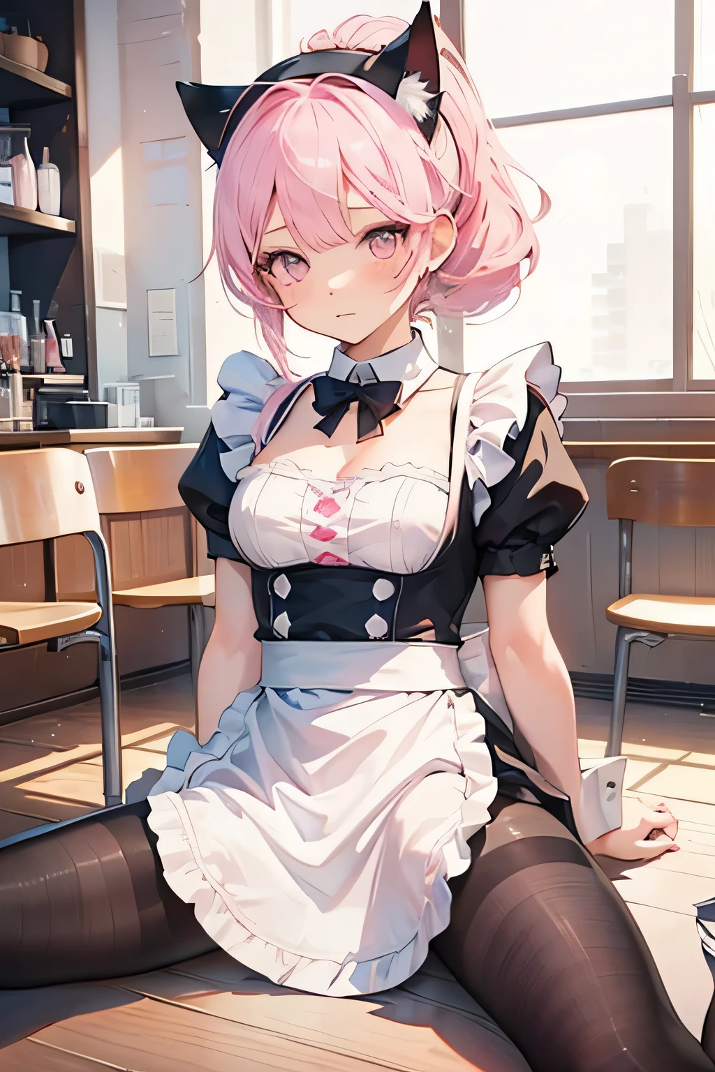 (masterpiece), (highest quality),
Pantyhose, Cat ears,
Pink hair, Pink eyes, (Pink maid costume),
sitting in cafe, a beautiful idol with a ponytail hairstyle that looks great on her, 
spread legs ,