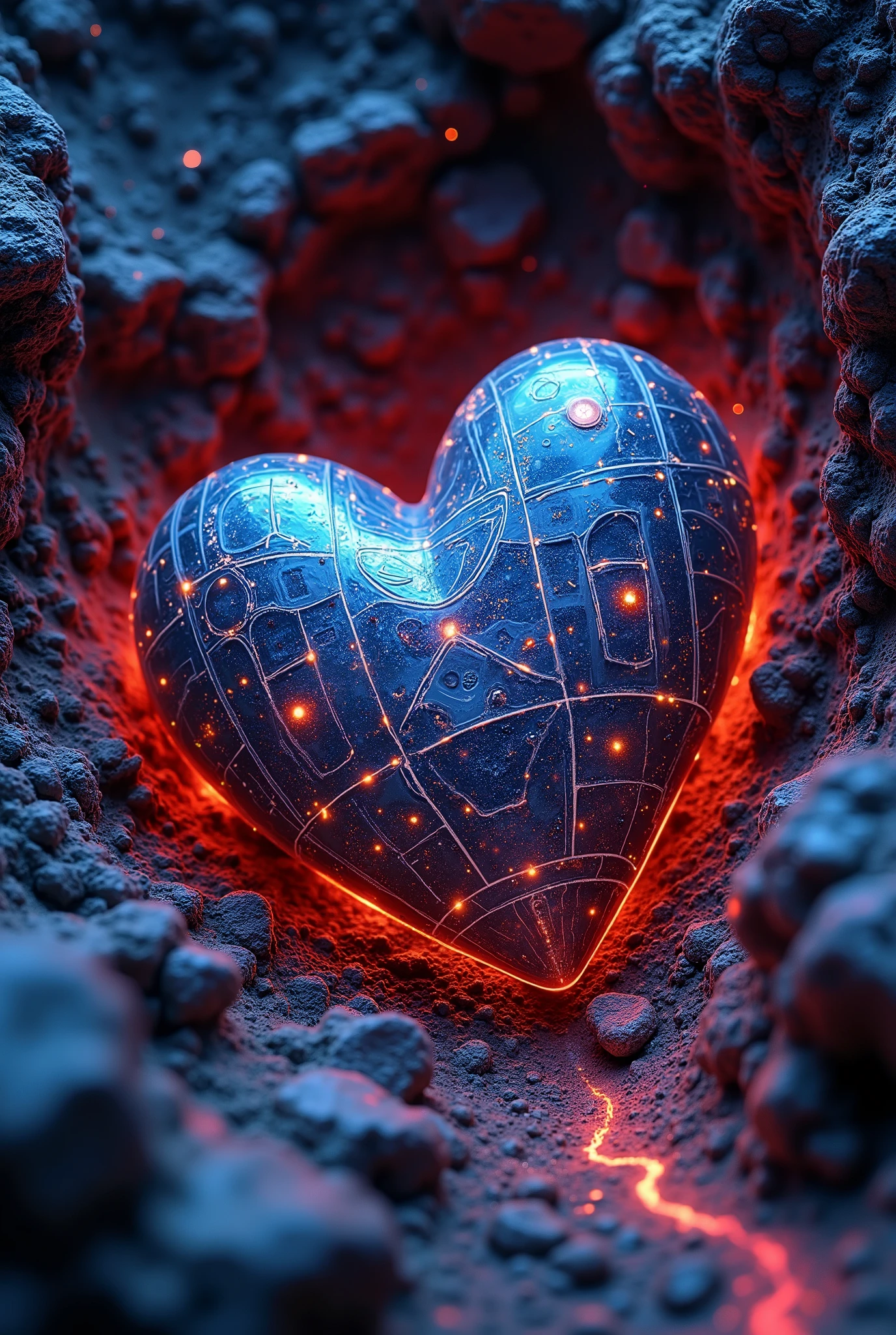 the moment the fossil was excavated , (Heart-shaped fossil , Shining runes are engraved in Cyberpunk), ROUGH, The shape of love conveyed over 100 million years, ( crock punk anime background , please express warped space-time)