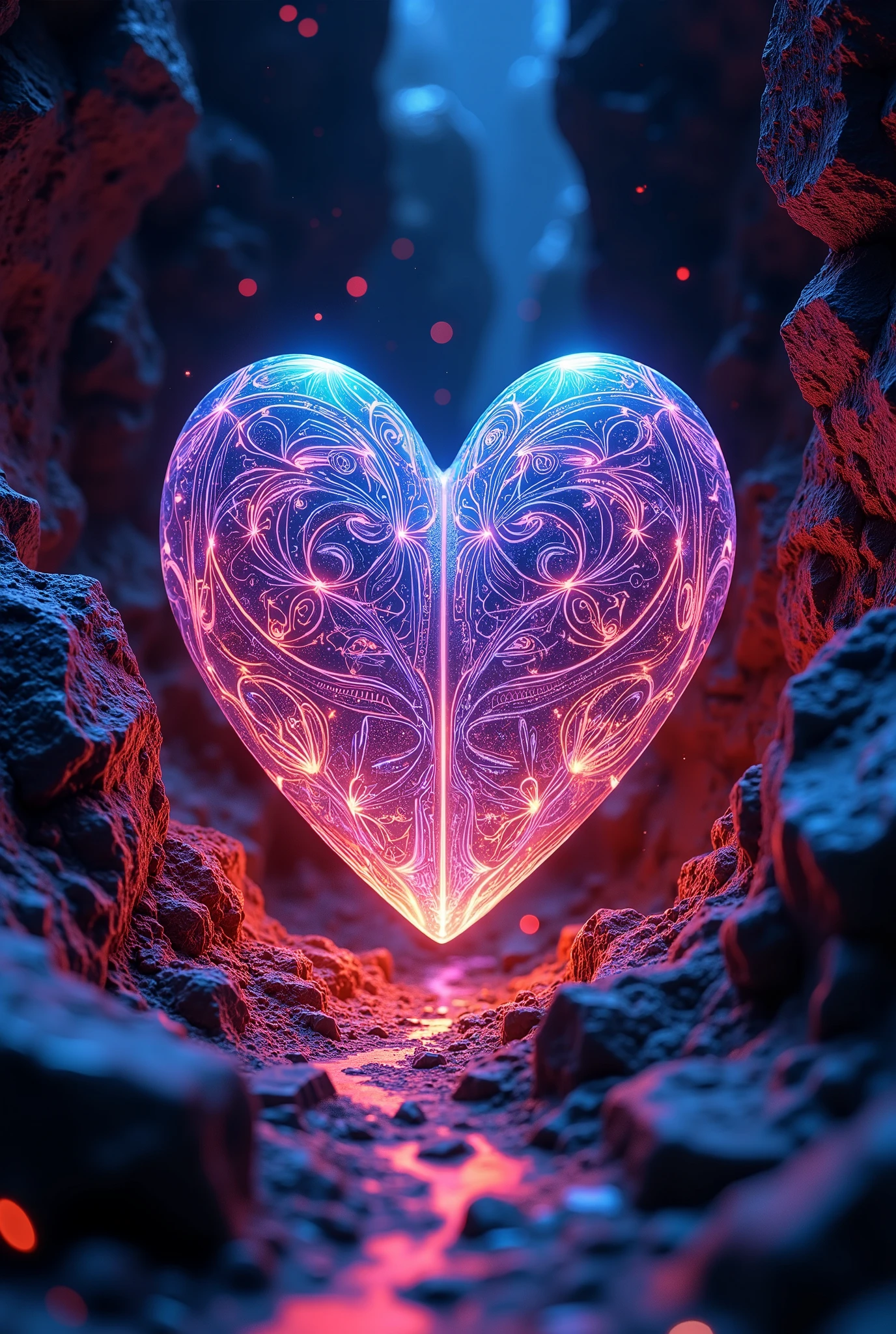the moment the fossil was excavated , (Heart-shaped fossil , Shining runes are engraved in Cyberpunk), ROUGH, The shape of love conveyed over 100 million years, ( crock punk anime background , please express warped space-time)