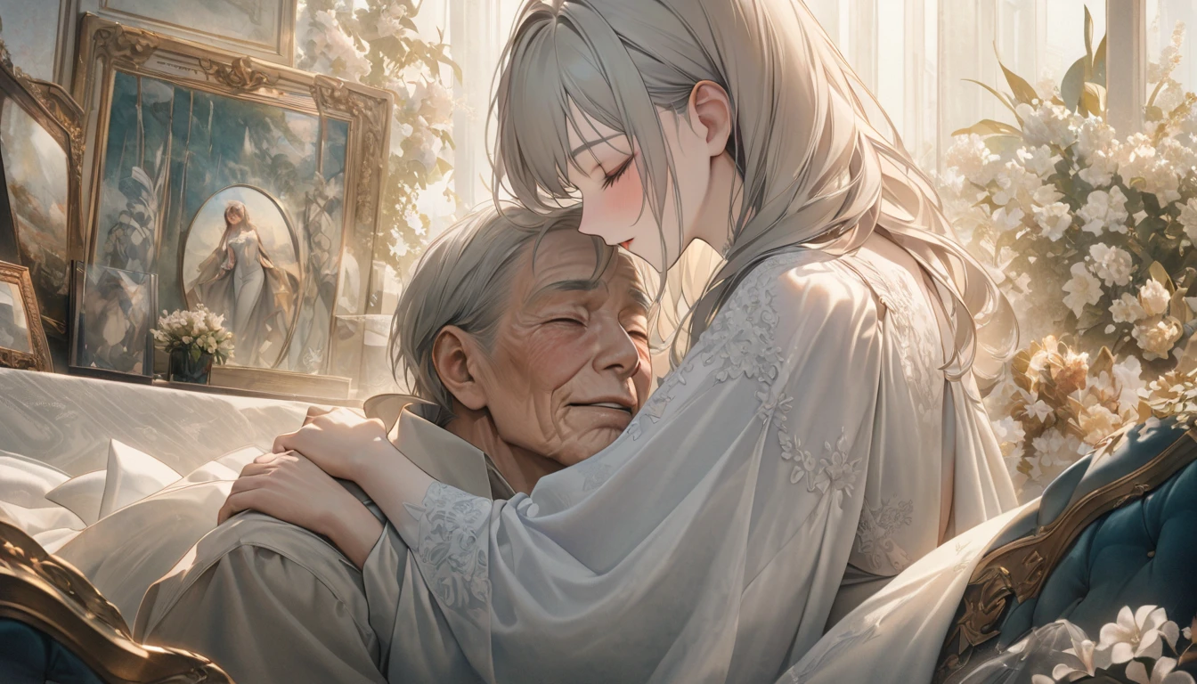 Japanese Folktales　A beautiful princess and an old woman and grandfather　The three of them are hugging each other and crying　A feeling that something terrible is going to happen　god々The era of　Deep in the mountains