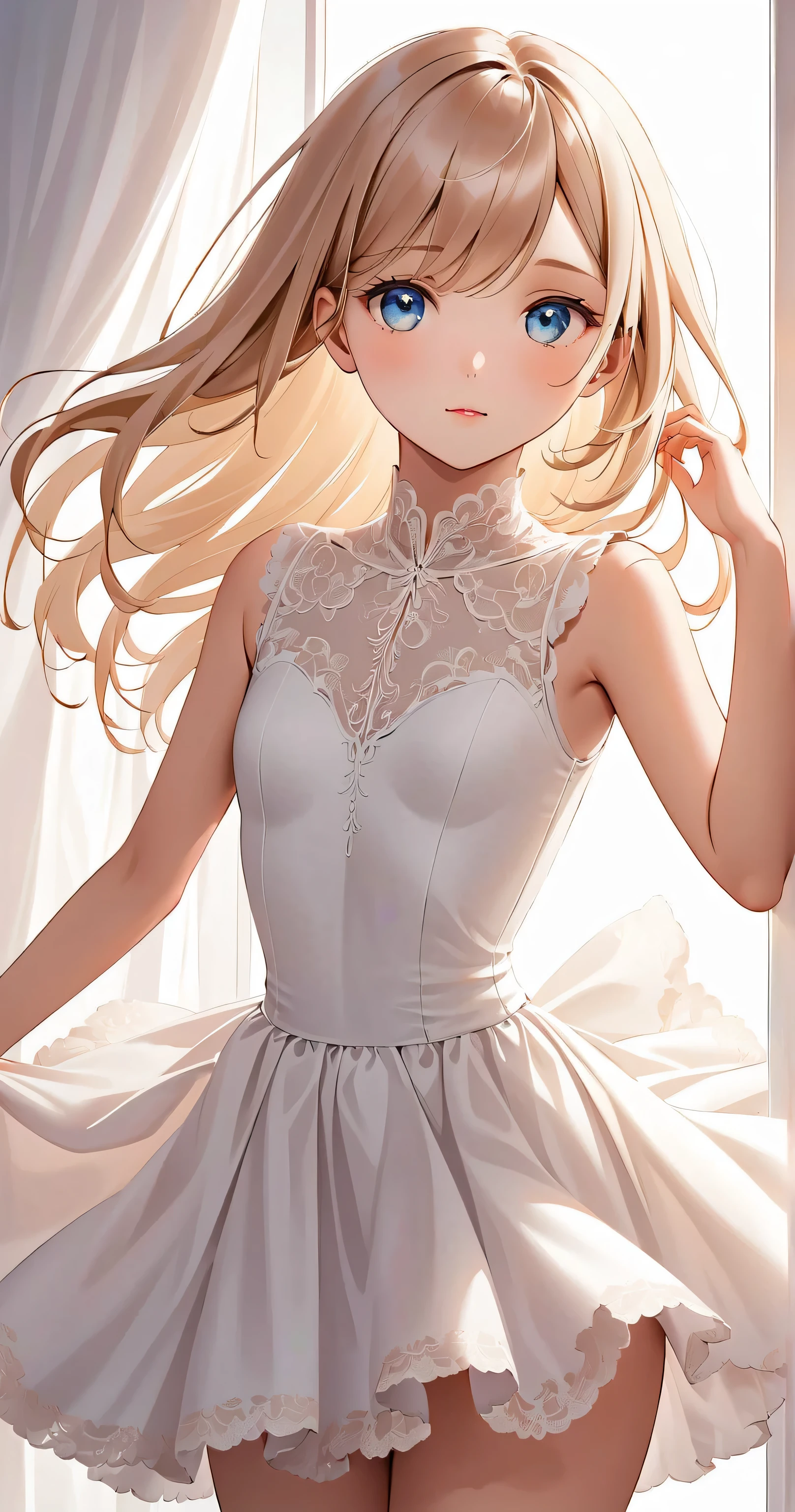 masterpiece, best quality, 1girl, very curly hair, blonde hair, shiny hair, tiara, diadem, medium breasts, glossy lips, good lighting, latifa fleuranza, standing, looking back at viewer, ballerina, tutu, white pantyhose