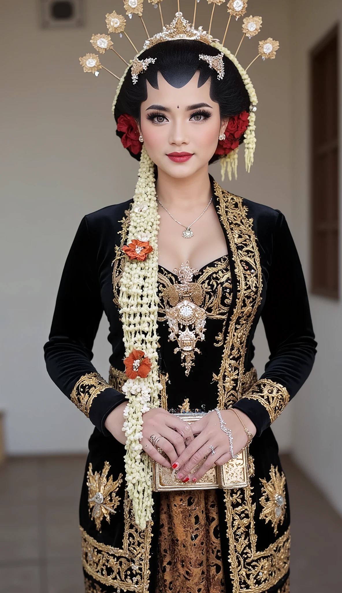 (Best quality, 8k, 32k, Masterpiece, UHD:1.2), Pretty Indonesian woman, beauty face, large breasts, (beautiful nipple slip:0.9), outdoors, windy, shiny skin, Javanese Traditional, standing, looking at viewer, white flower, red lips, holding sign with text "Selamat Malam HSC"