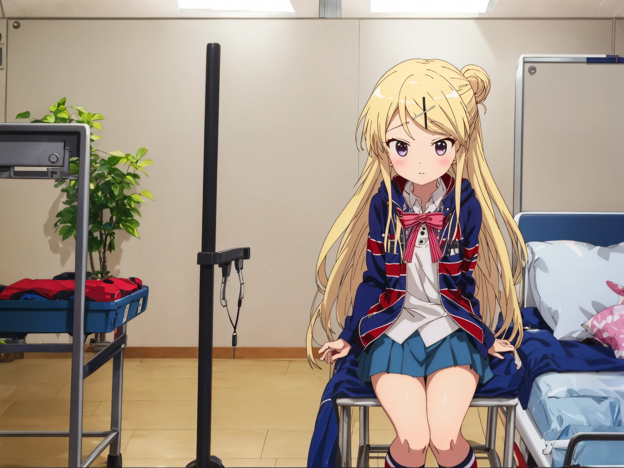 kujo karen union jack jacket, striped bow, white shirt, long sleeves, pleated skirt, blue skirt, kneehighs,