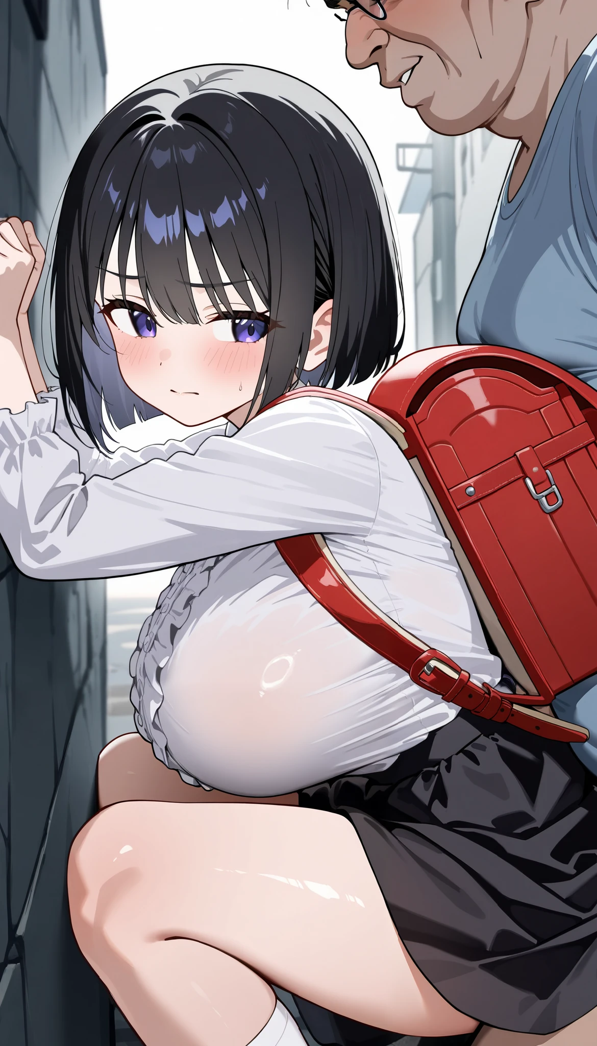 masterpiece, Highest quality, Nico_Yazawa,High resolution, 1 Girl, alone, Brown Hair, short hair, Twin tails、Purple eyes,  , , (Cleavage)、(Beautiful thighs), Carrying a red backpack, (randoseru backpack:1.2) Sweaty、Thick thighs、Highest quality、4K、One girl, 8--old,cute, Grin, （Surrounded by men in the park））、、His penis is exposed through his thick thighs, Surrounding the girls、Semen from the penis、Bukkake、Bukkake、（Bukkake）With projectile、Blowjob、Lots of passersby、Ahegao、Low length、、、Handjob、Spread your legs、（Handjob）（Blowjob）Knee socks、Plump、Big Breasts、Bodysuits, Big Butt、Shiny Feet、Sucking penis