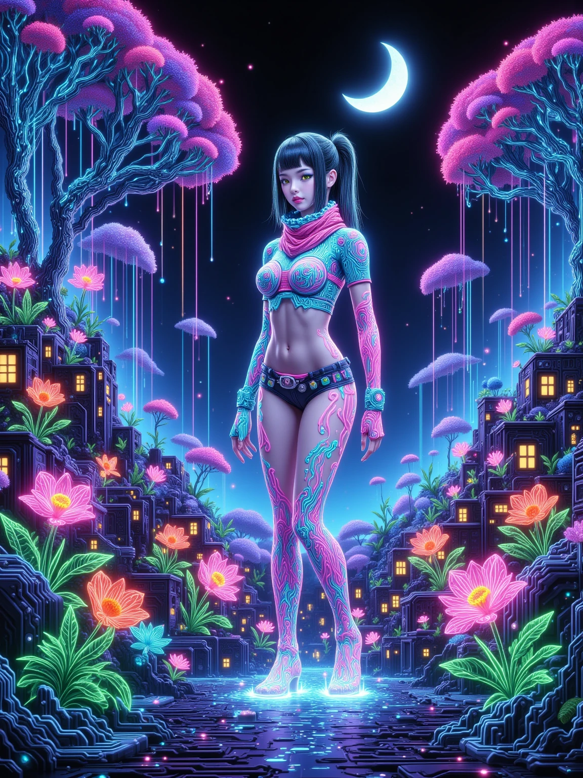 (Neon), Circuit Board, Detailed drawing of an alien girl dressed as a space ranger, Alien Landscape, Decorated with vibrant, Otherworldly flowers, Spacecraft crash, Sci-fi wonderland, full of imagination, Space exploration, More details, Yoko Tono, Ponytail, scarf, (Bikini Top:1.5), (shorts), diaphragm, belt, Fingerless gloves, skull hair ornament, Elbow gloves, pink thighs，(Ultra HD, masterpiece, precise, Anatomically correct, textured skin, High Detail, high quality, The award-winning, 8k)