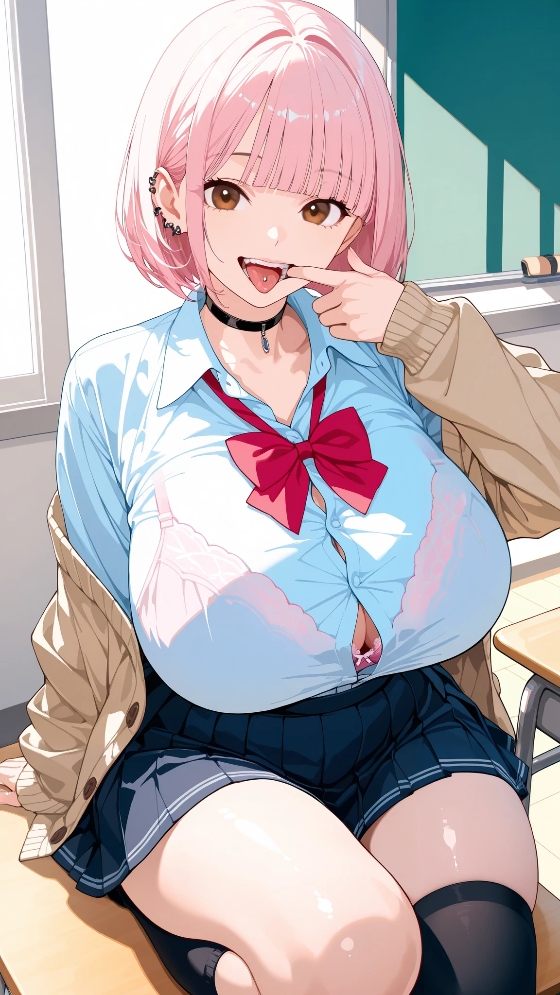 Cut (masterpiece:1.2, highest quality), (realistic, photorealistic:1.4), beautiful illustrations, (natural side lighting, movie lighting), (Sitting with legs wide open、showing off his crotch、drooling and lustful:1.3,Estrus、She lifts up her shirt and reveals her pink bra.:1.4,sloppy mouth), dog-like begging pose、dog hand pose、cowboy shot, Front view, 1 girl, Japanese, high school girl, perfect face,Cute face excited, (shiny skin, sweaty:1.4), baby face, (short hair:1.2, Cherry pink hair), hair between eyes, gold eyes, (super huge saggy breasts、seductive thighs, big ass), beautiful hair, beautiful face, detailed and beautiful eyes, beautiful clavicle, beautiful body, beautiful breasts, beautiful thighs, beautiful feet, beautiful fingers, ((white lace underwear、sailor suit、black stockings、brown cardigan、navy blue skirt、dark pubic hair, white sneakers, ), (beautiful scenery), evening classroom、woman masturbating、Sitting at a desk with her crotches open