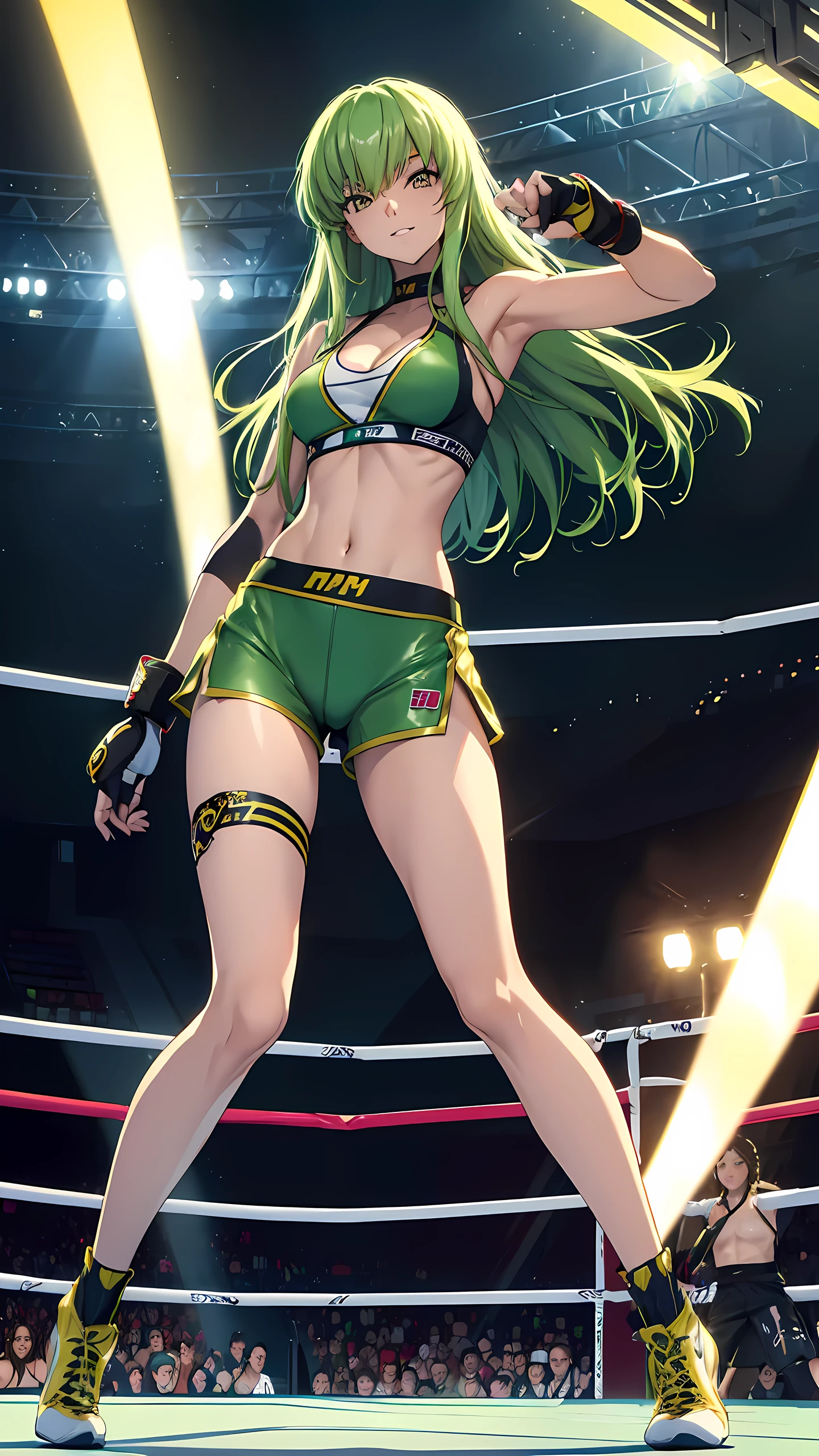 code Geass_anime, C.C., lime hair and gold eyes, long hair, 1 person, Bright light, vivid green hair, (masterpiece, Highest quality), 8k, Intricate details, (on MMA Arena :1.5), (sports bra:1.5, sports pants:1.5, fingerless gloves:1.3, sleeveless, cleavage, belly button, bare thigh:1.3, slim long legs:1.3), Ultra HD, Highly detailed face, Highly detailed eye, looking at viewer, (serious smile), woman boxer, (victory pose:1.5, full body shot:1.5, from below:1.5, solo:1.3), Crowd Circle View, professional wrestling ring, spectator seats, The background is the audience, best quality, masterpiece+
