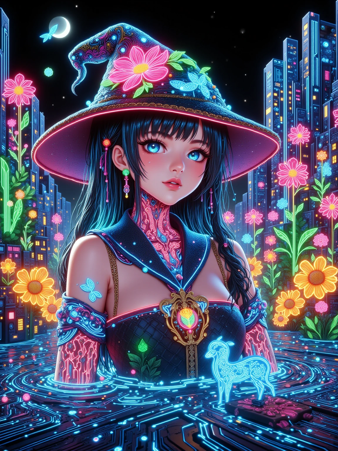 (Neon lights), circuit boards, (Beautiful girl wearing fruit flower hat), Gurwitz style artwork, Neon lights, (UHD, masterpiece, ccurate, anatomically correct, textured skin, super detail, high details, award winning, best quality, 8k)