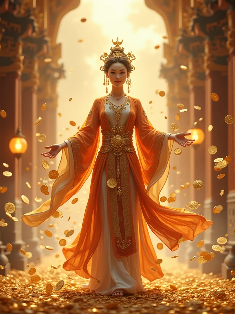 (highest quality,4k,8K,High resolution,masterpiece:1.2),Super detailed,HDR,UHD,studio lighting,Physically based rendering,bright colors,Bokeh,Rich landscape,god of wealth,Abundant gold coins,Shining treasure chest,a benevolent smile,dreams come true,magical country,festival atmosphere,lucky red envelope,infinite wealth,overflowing richness,thriving business,fulfilled desire,positive energy,fun celebration,blooming flowers,Prosperity and good fortune,harmony and prosperity,luxury lifestyle,shining jewel,Extravagant Prosperity,wealth pouring down,Banking and investment growth,the power and blessings of the universe